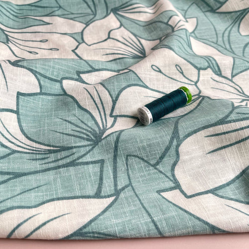 REMNANT 0.55 Metre - Pale Teal Leaves on Soft Washed Linen Cotton Fabric
