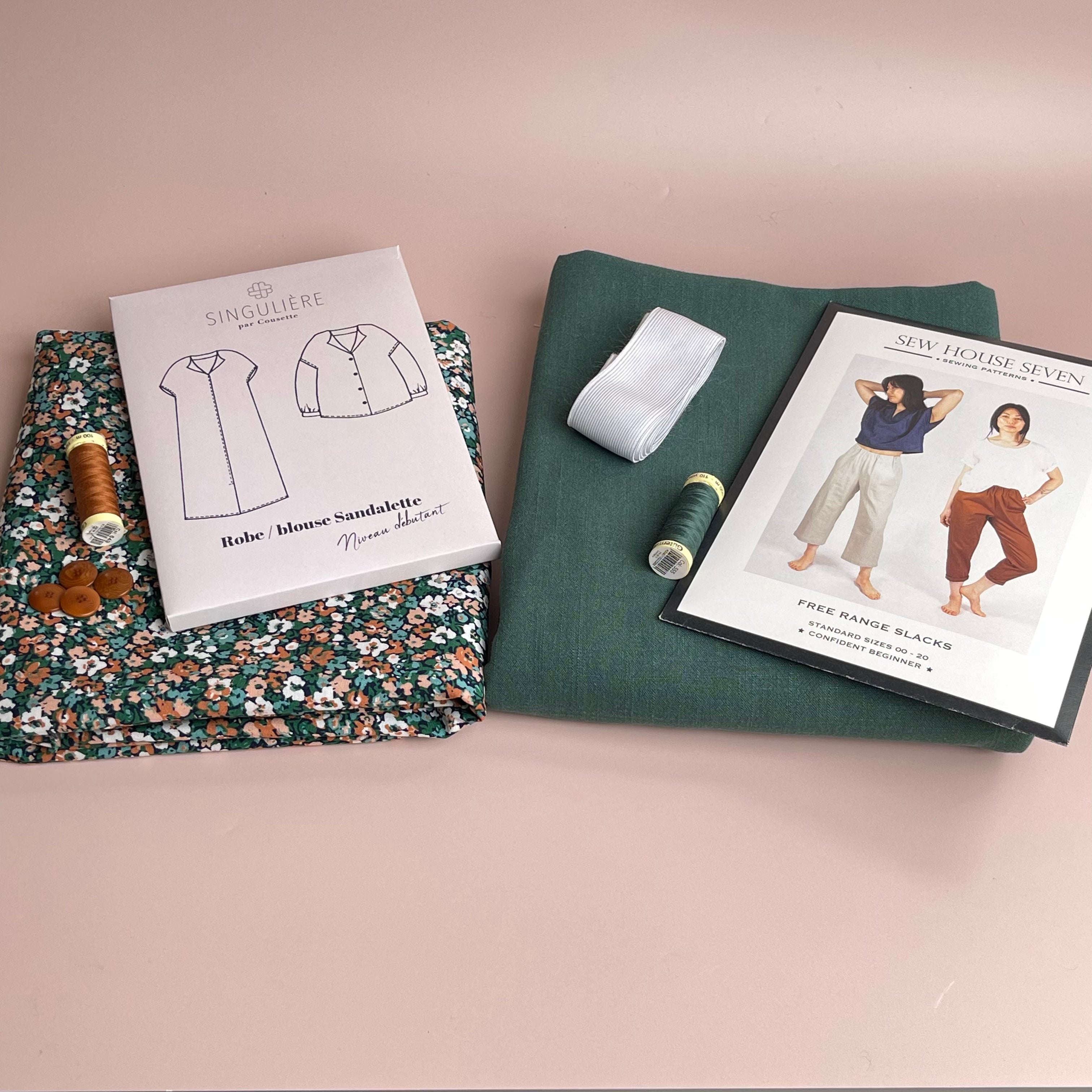 Sewing Kit - Free Range Slacks in Bottle Green Flow Linen Noil