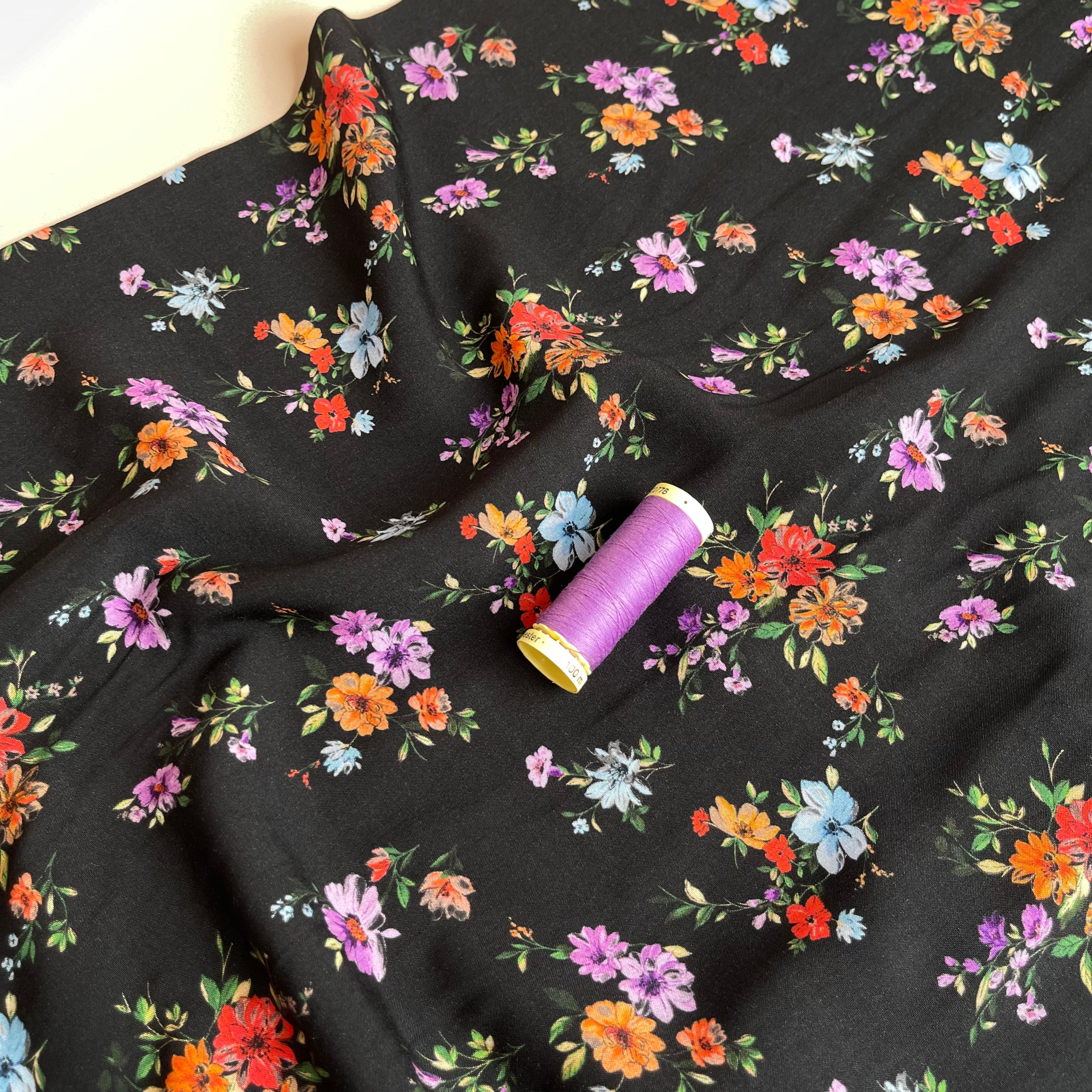 Flower Bouquets on Black Viscose Fabric