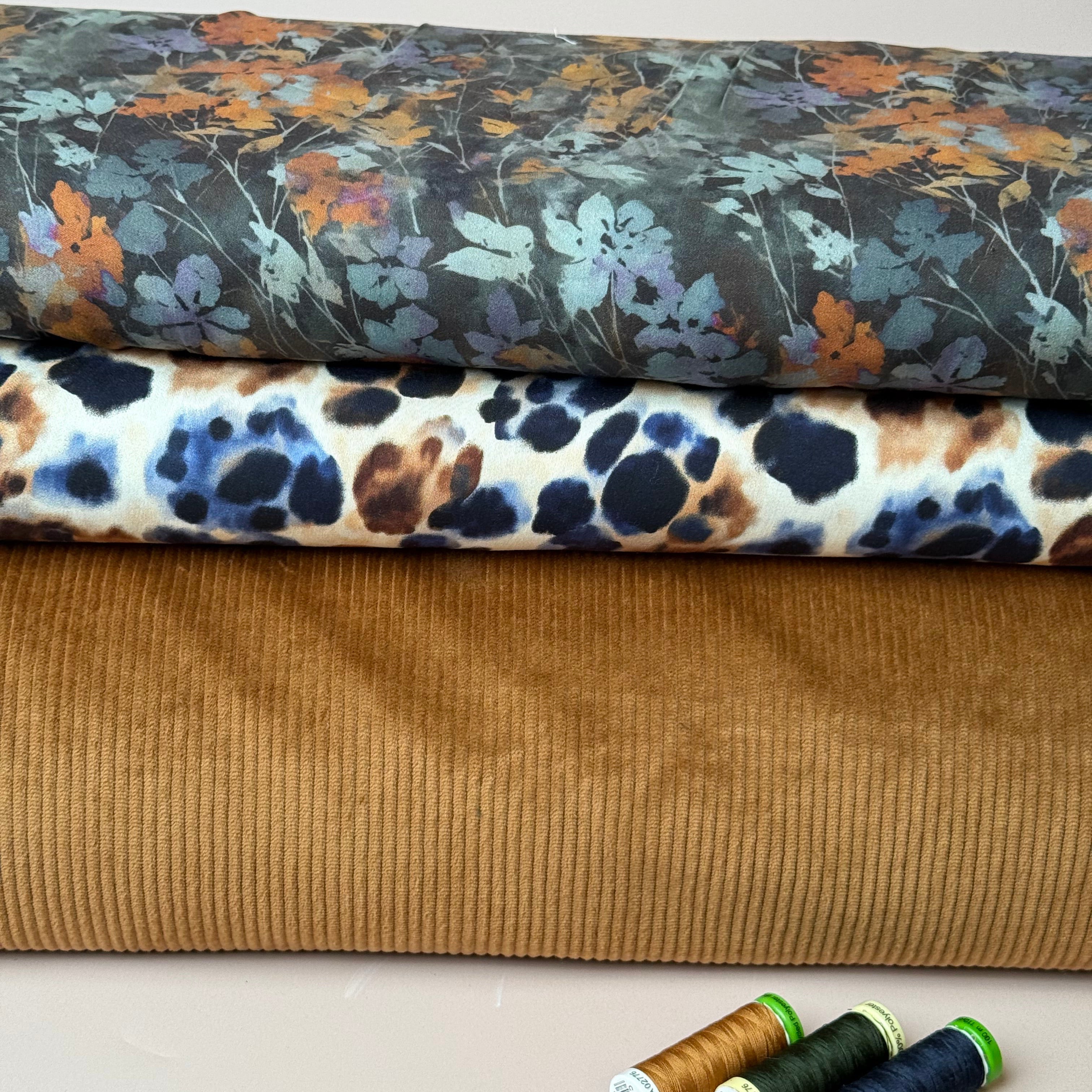 Hazy Autumn Flowers Dark Viscose Sateen Fabric
