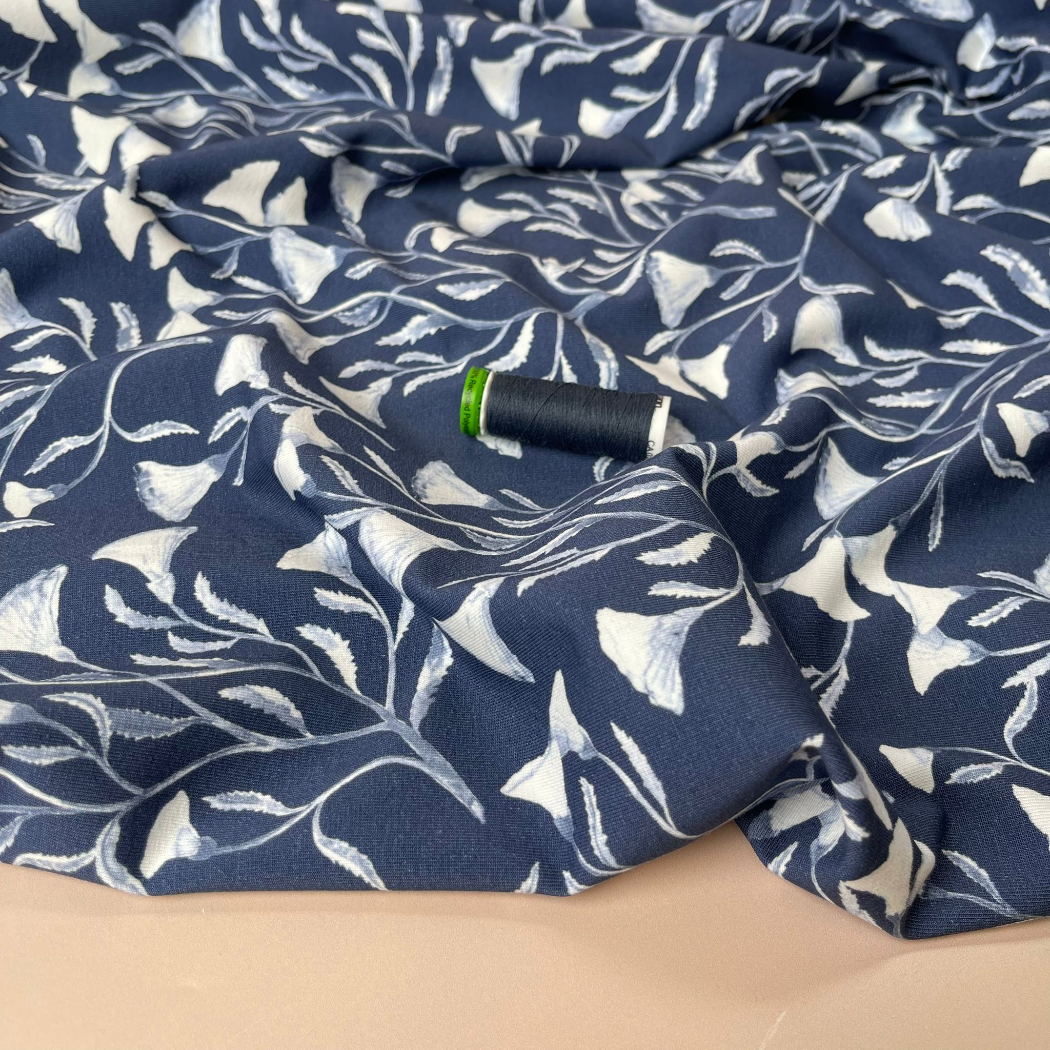Danish Design - Delicate Blooms on Navy Cotton Jersey Fabric