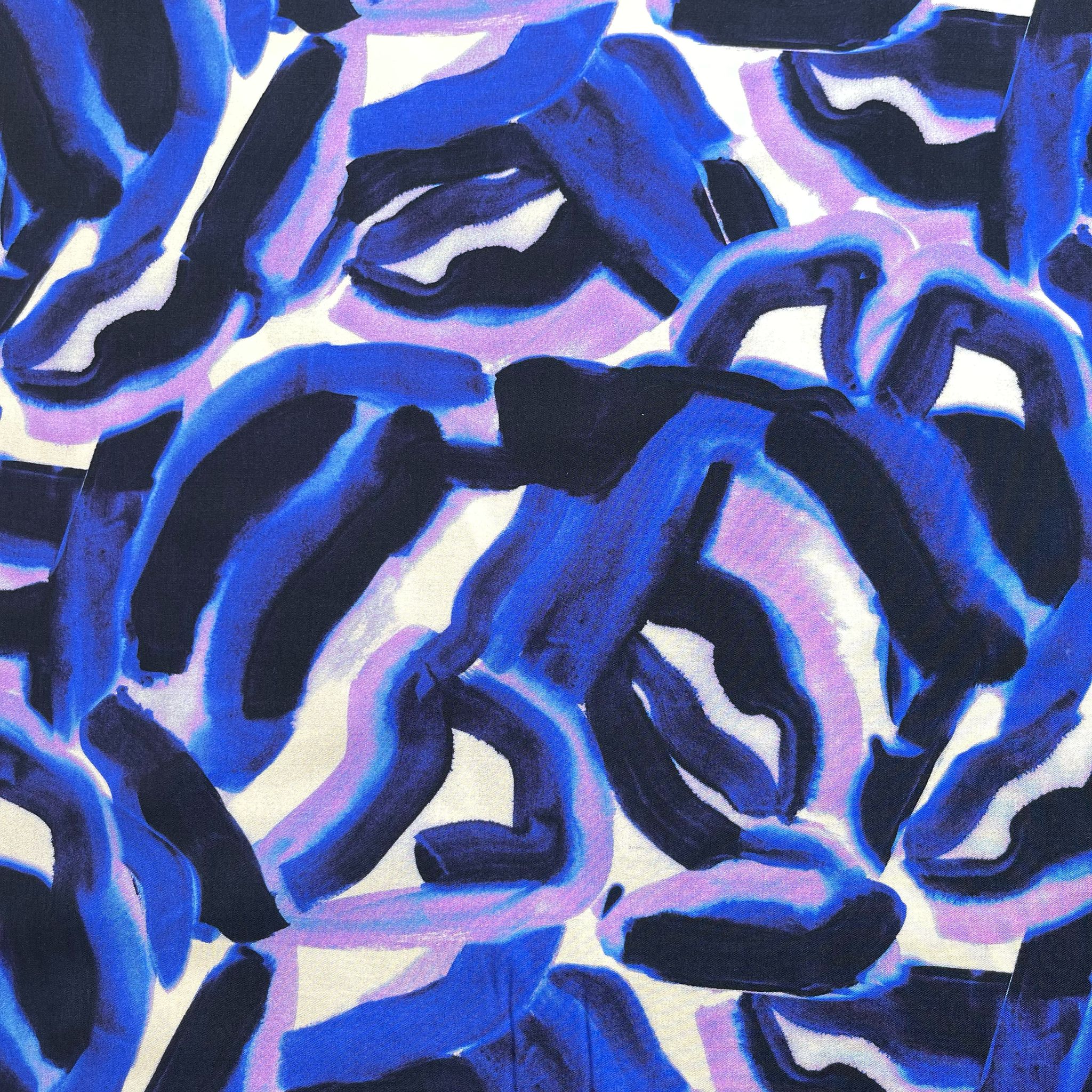 REMNANT 0.9 Metre (pulled stitch and area with dye missing ) Abstract Navy and Lilac Viscose Fabric
