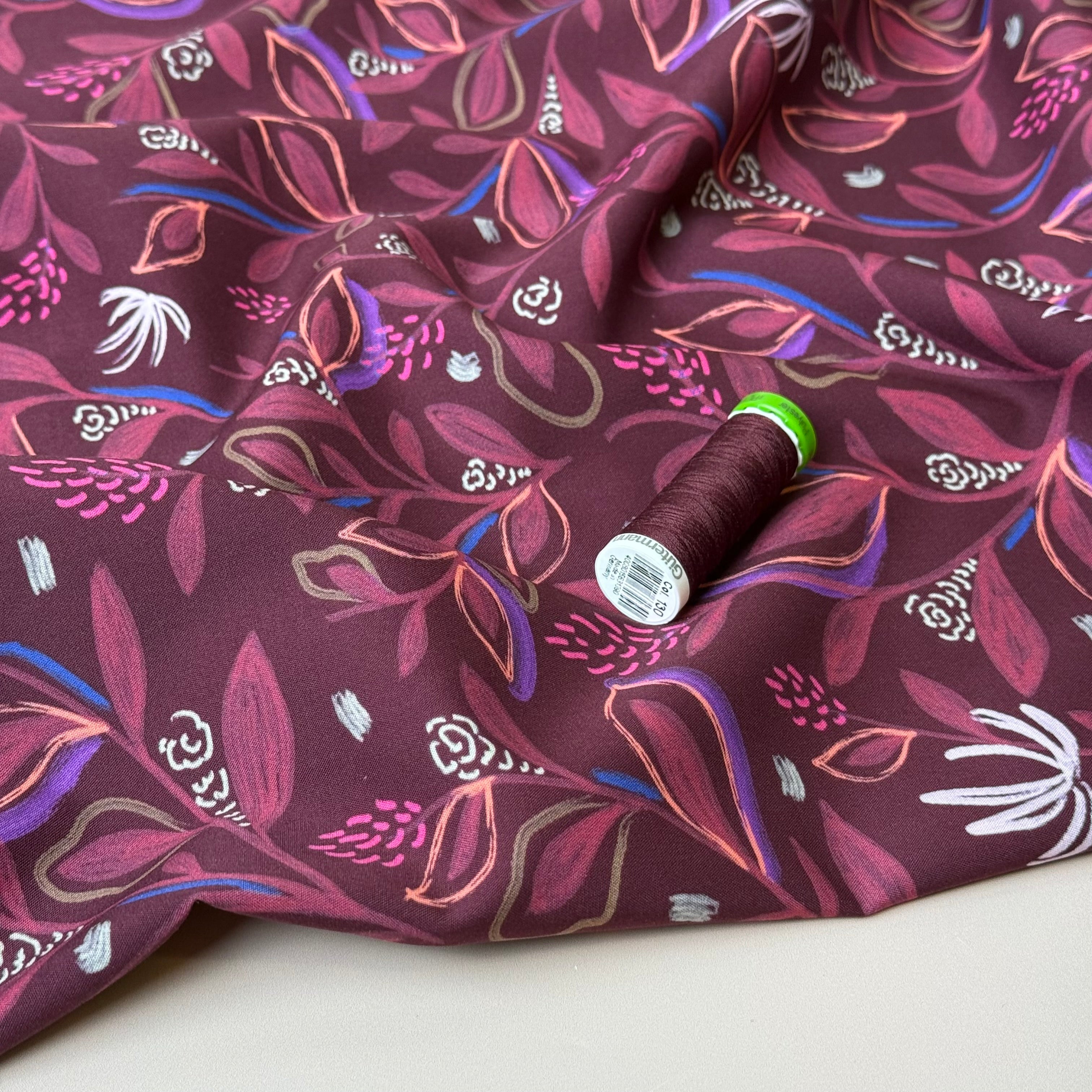 Flowering Branches in Pomegranate Fine Cotton Poplin Fabric