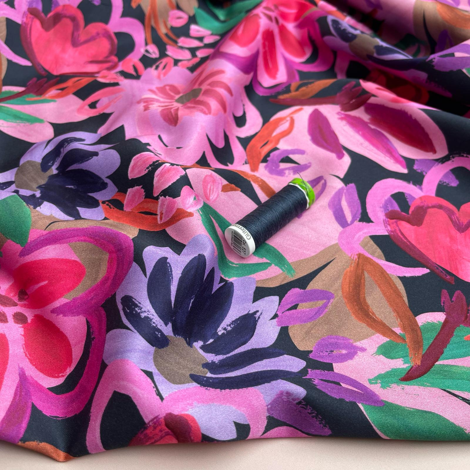 Painted Spring Garden on Dark Navy Cotton Sateen Fabric