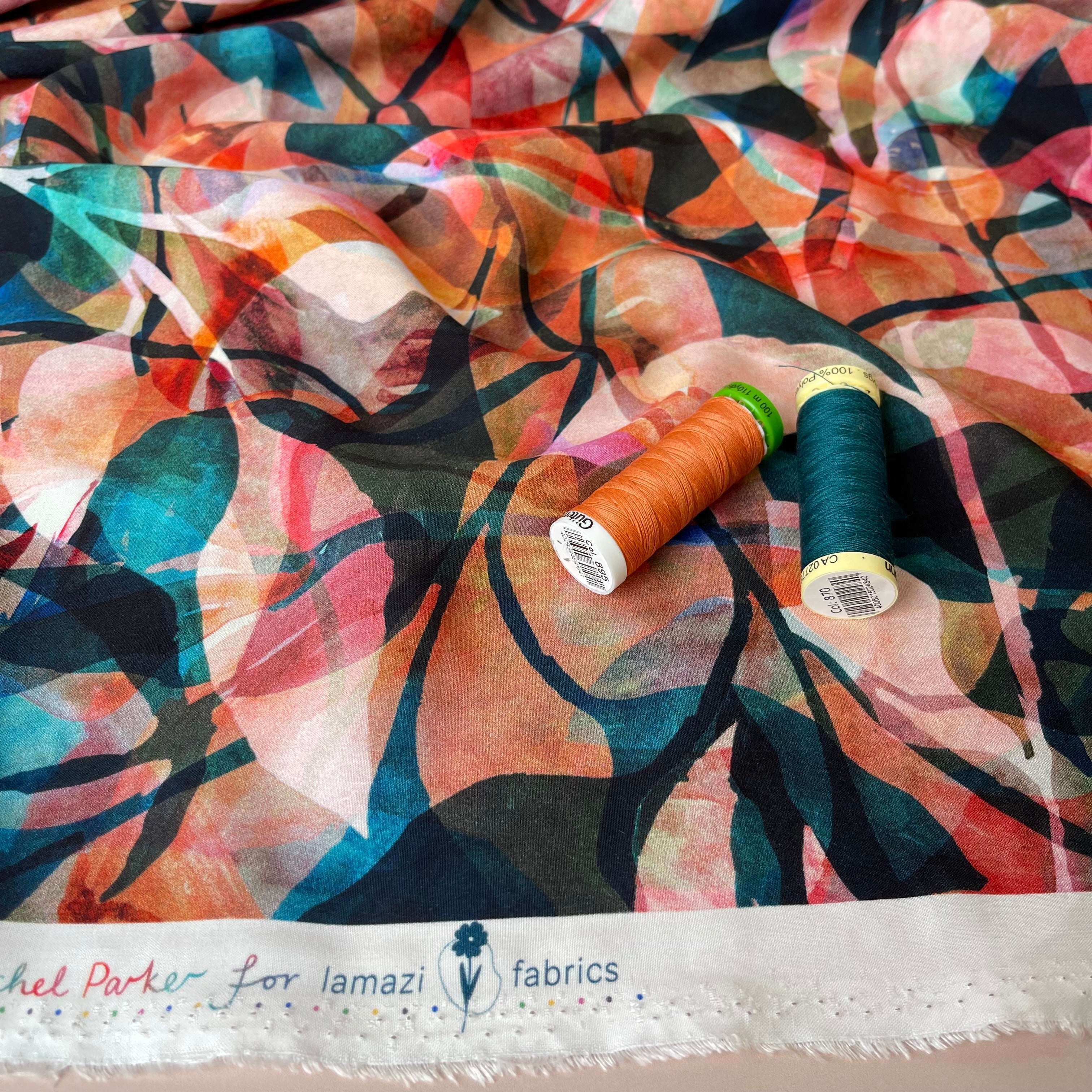 REMNANT 1 Metre - Summer Party - Painted Foliage Sunset Viscose Fabric