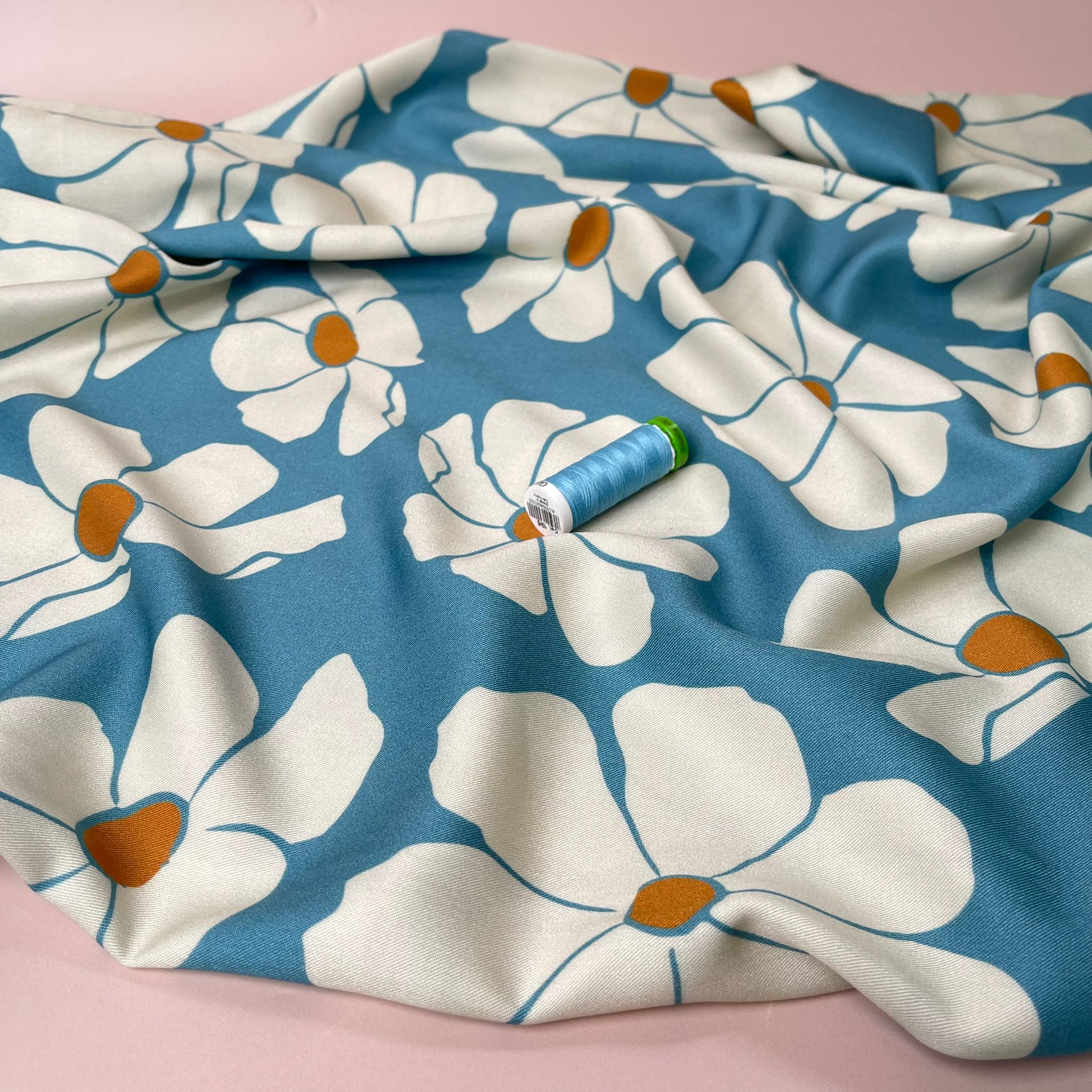 REMNANT 2.34 Metres - Light & Lush - Bold White Blooms on Blue Viscose Twill Fabric