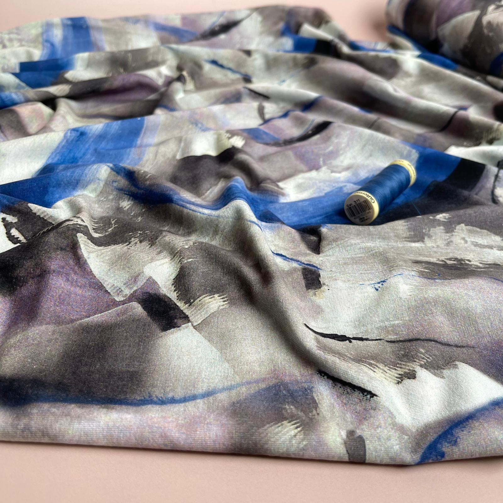 REMNANT 2.57 Metres - Abstract Painting in Cobalt and Grey Viscose Jersey Fabric