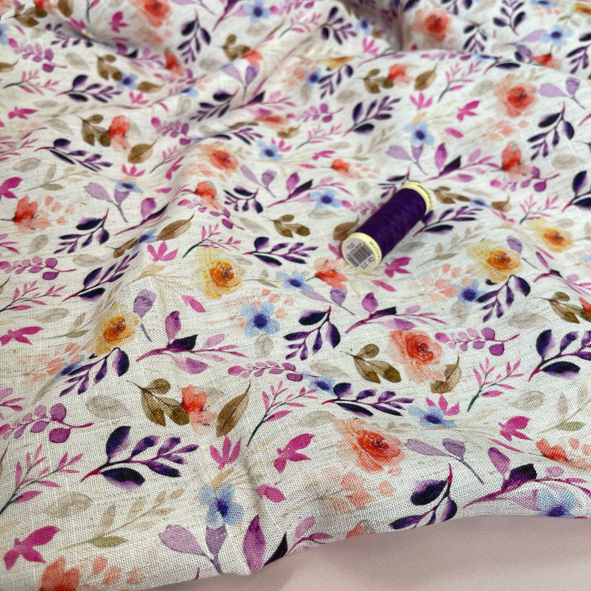 Purple Foliage on Ecru Viscose Linen Fabric