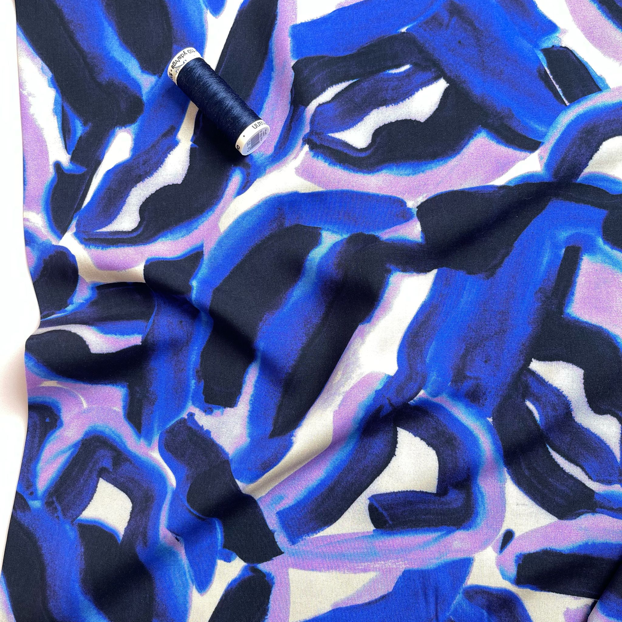 REMNANT 0.9 Metre (pulled stitch and area with dye missing ) Abstract Navy and Lilac Viscose Fabric