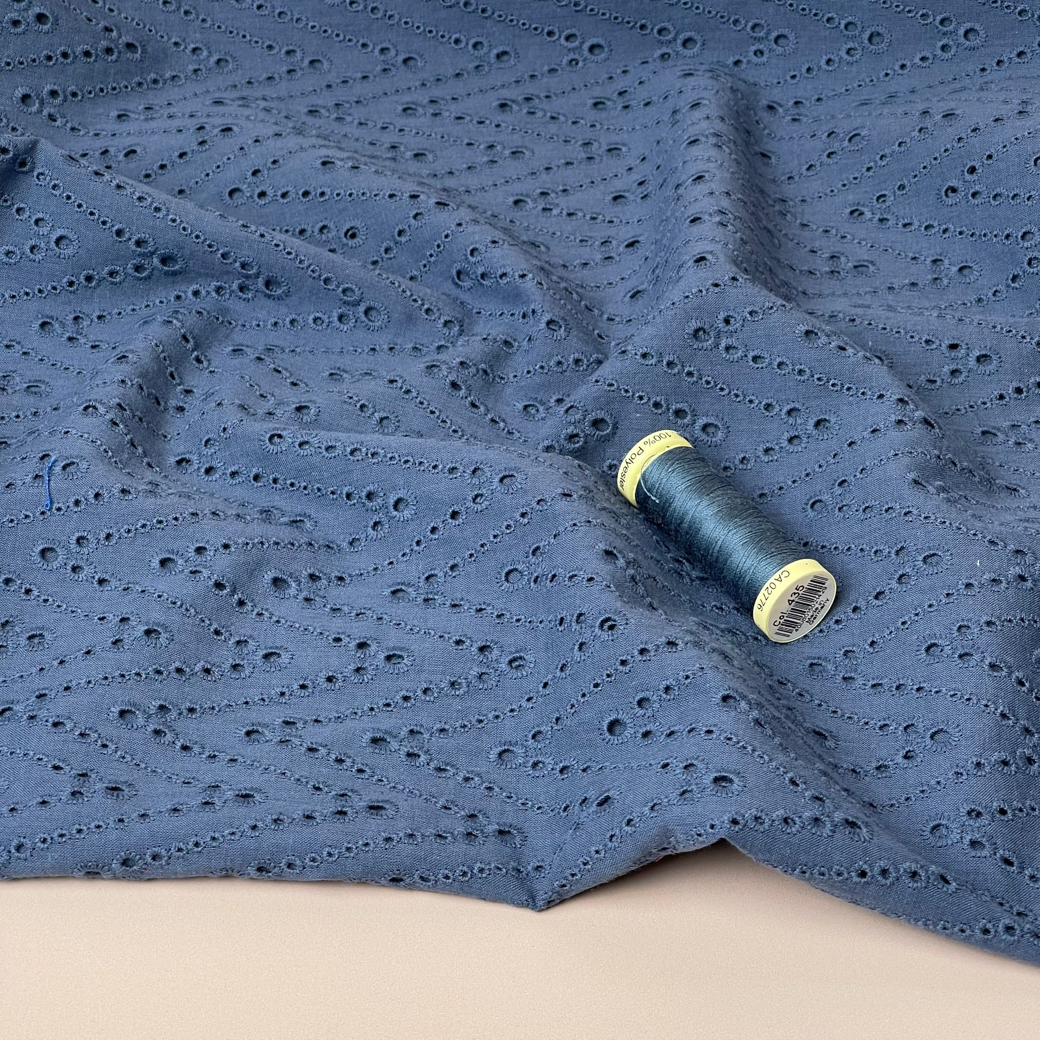 Embroidered Zig-Zags on Denim Navy Cotton Broderie Anglaise Fabric
