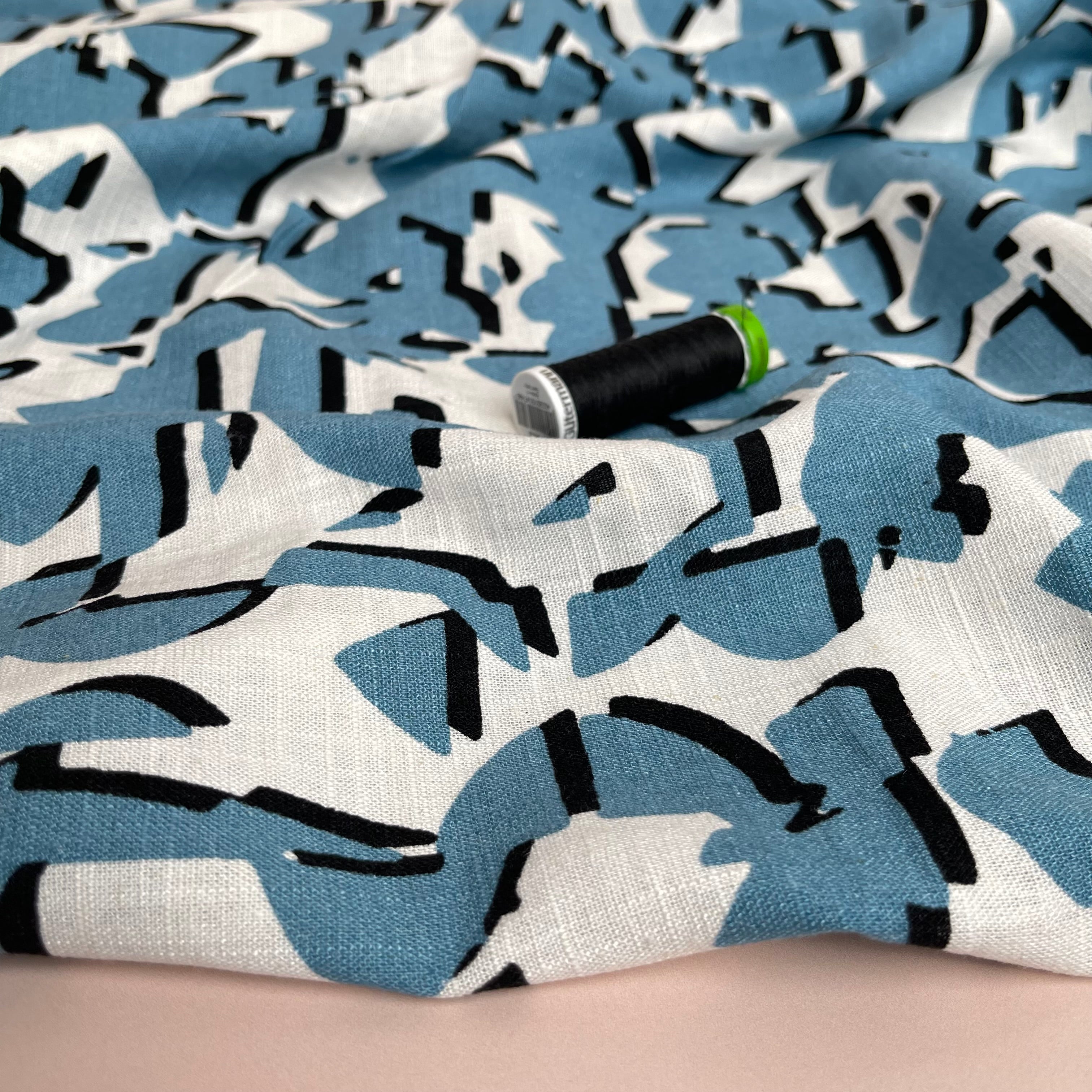 REMNANT 0.37 Metres (with faded patch) - Shapes Blue Linen Viscose Blend Fabric