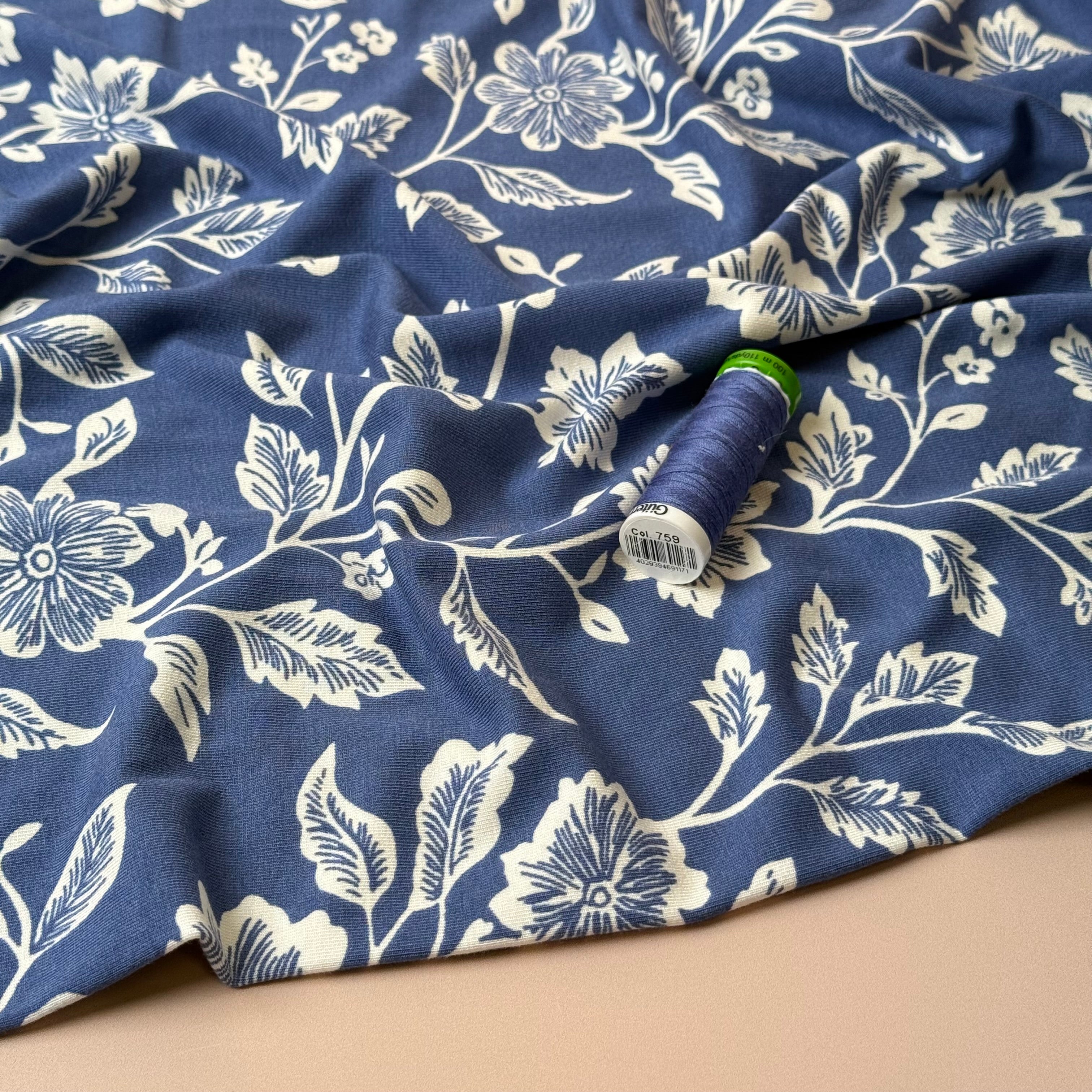 Flowers on Coastal Blue Viscose Jersey Fabric