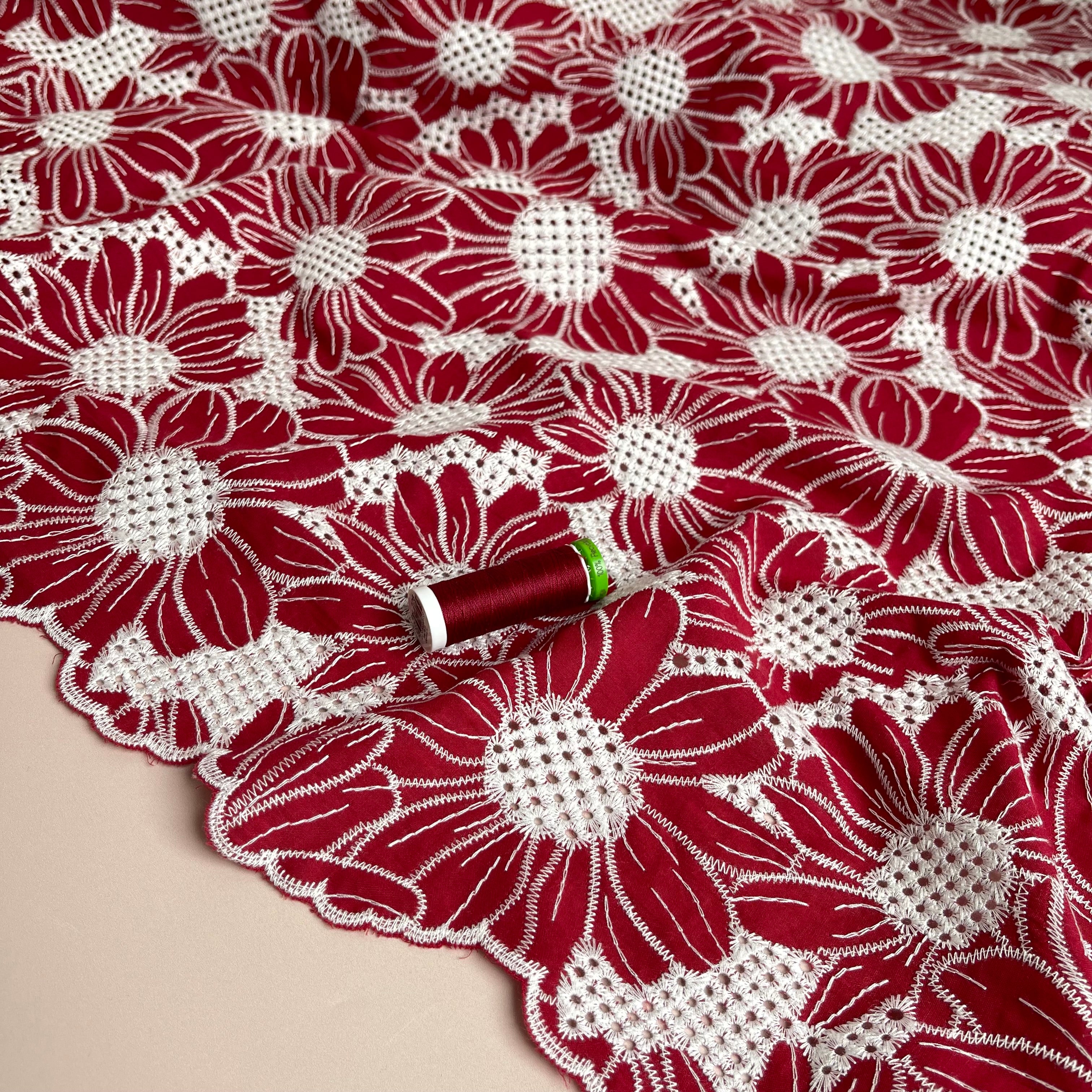 Scalloped Flowers Embroidered Cotton Fabric in Red