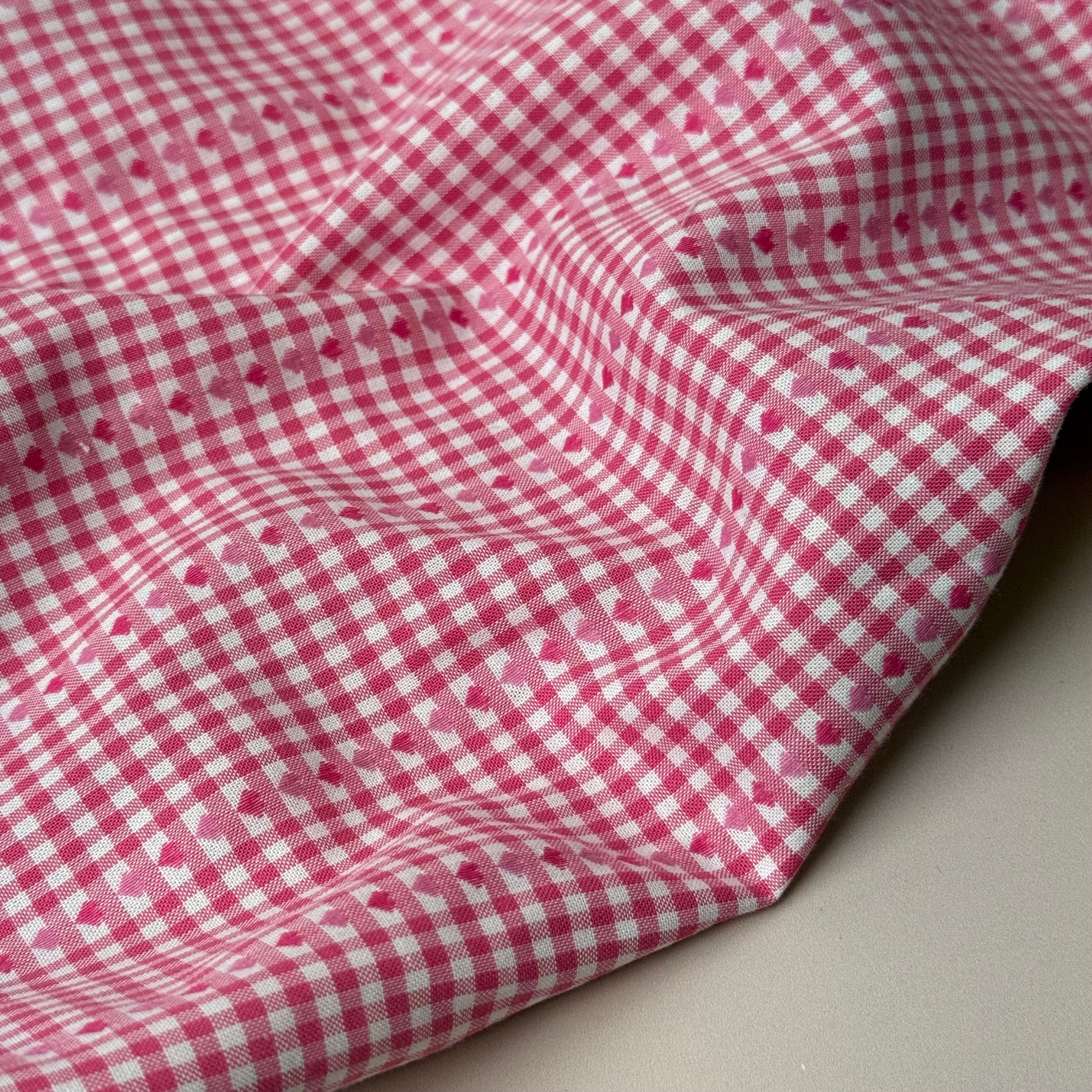 Hearts on Pink Gingham Yarn Dyed Cotton Jacquard