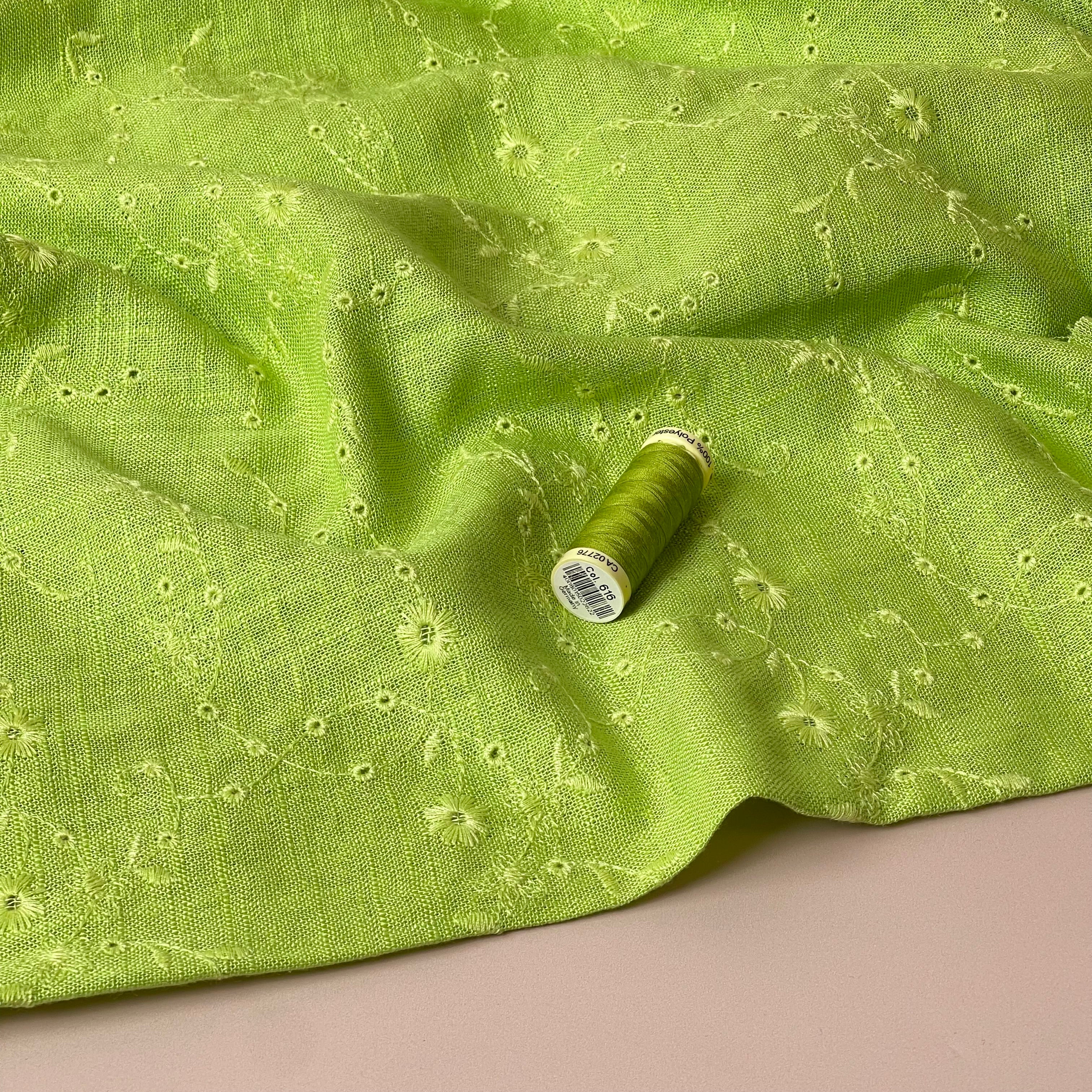 Floral Vines on Lime Embroidered Viscose Linen Fabric