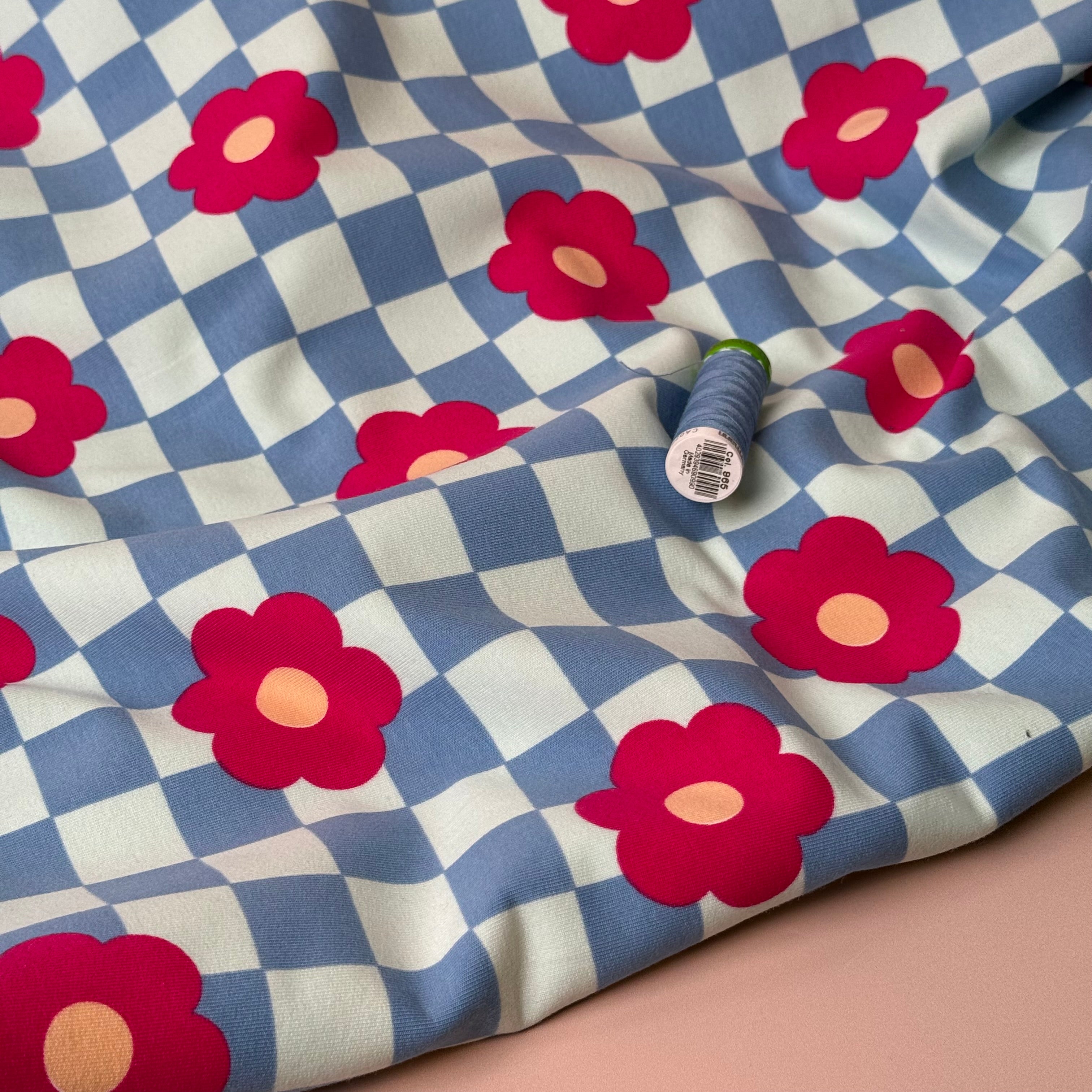 Gingham Flowers Blue Soft Cotton Sweat-shirting Fabric
