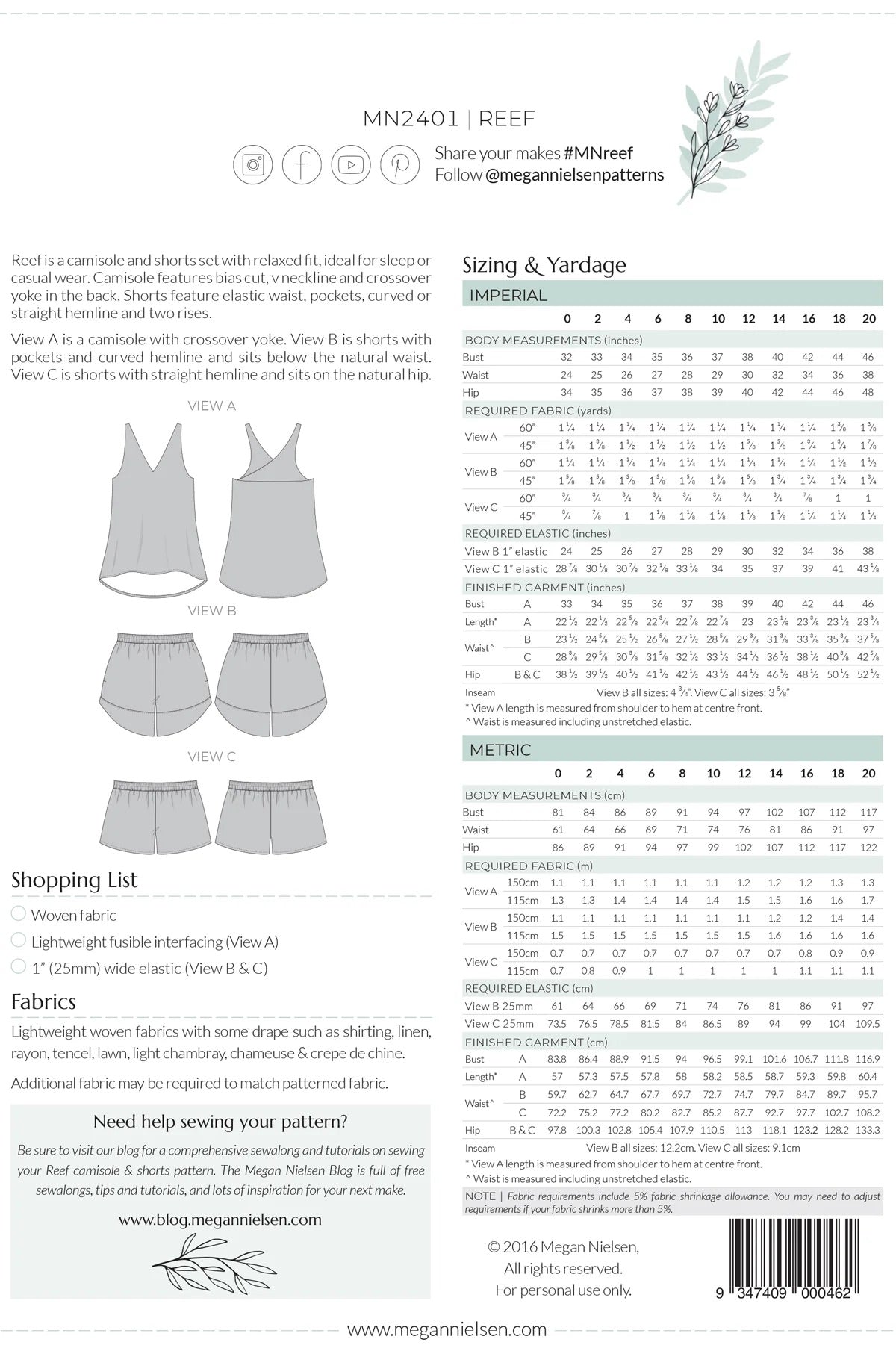 Megan Nielsen - Reef Camisole & Shorts Set Sewing Pattern