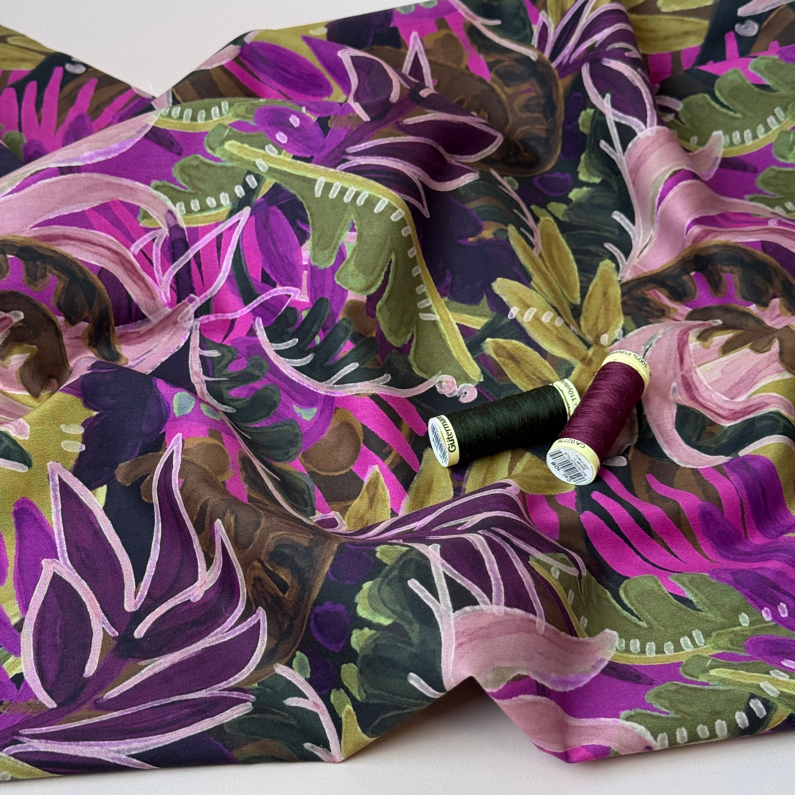 Tropical Foliage Magenta Cotton Viscose Fabric