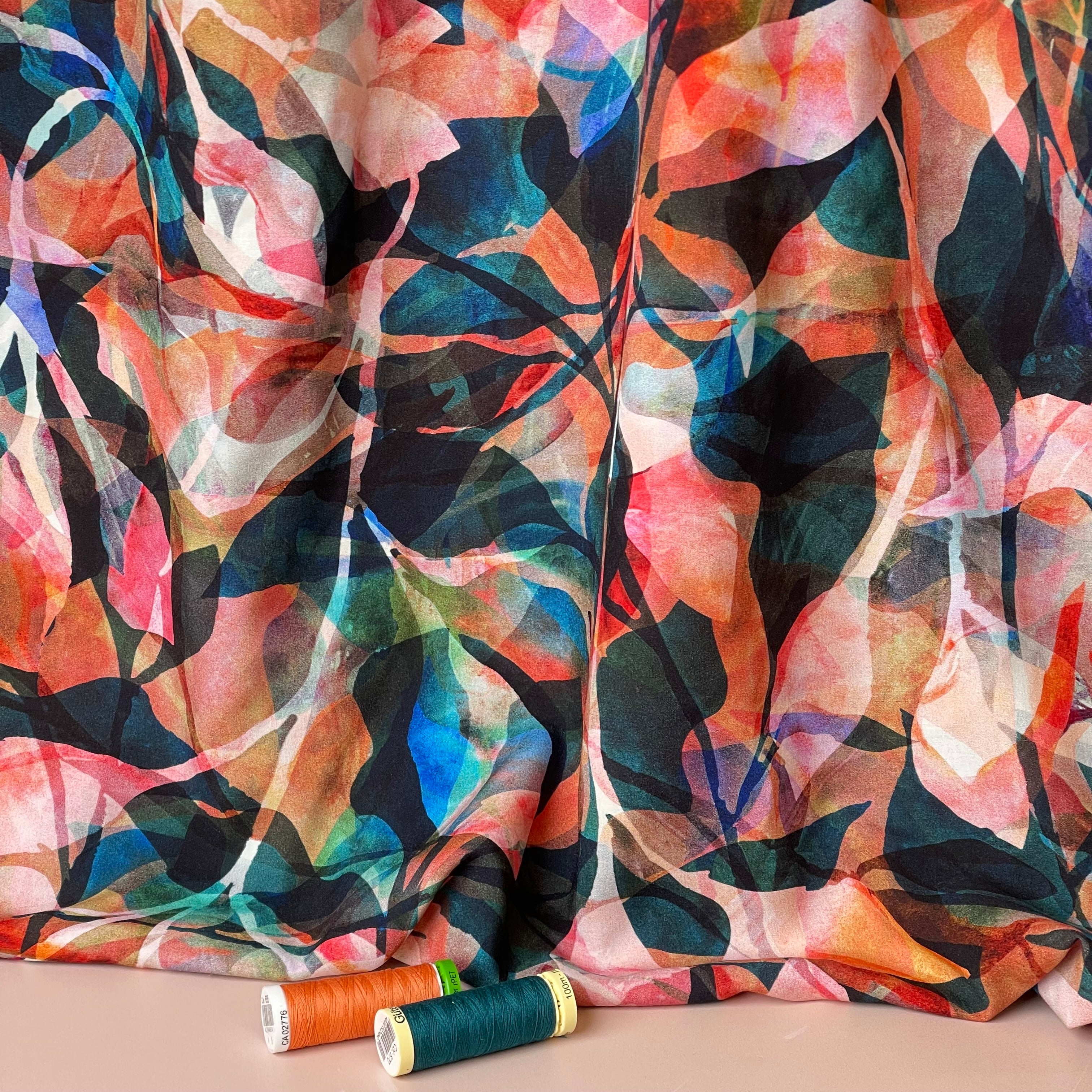 REMNANT 1 Metre - Summer Party - Painted Foliage Sunset Viscose Fabric
