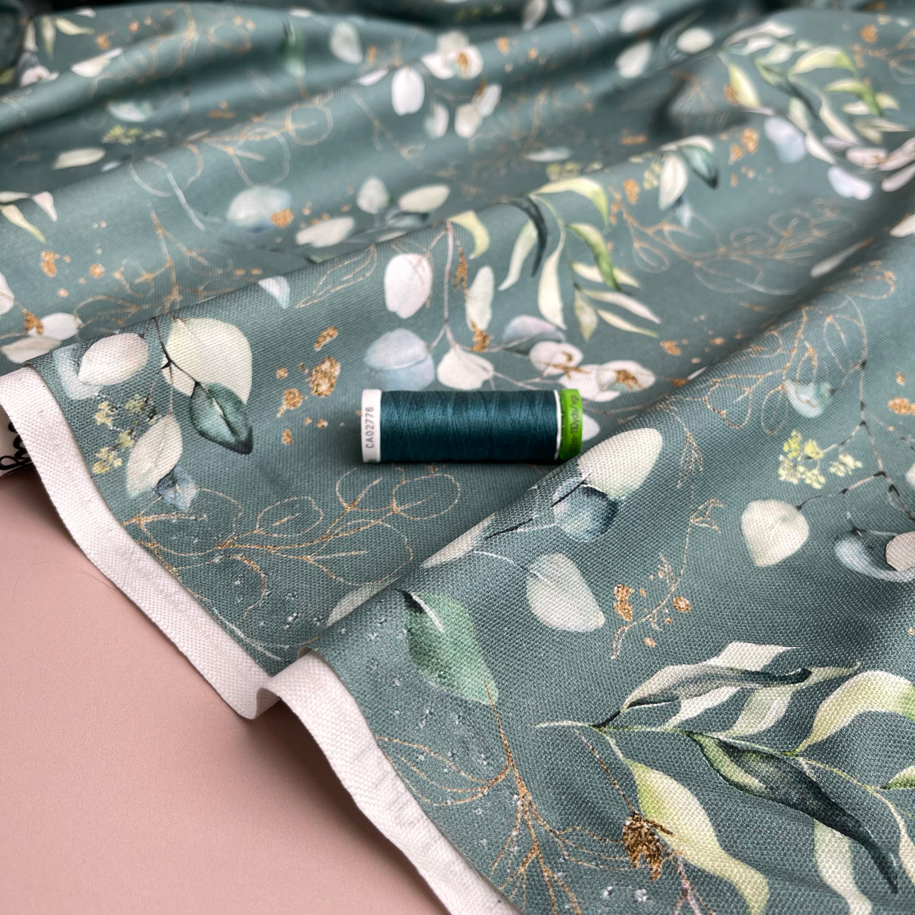 Eucalyptus Leaves on Sage Green Cotton Canvas