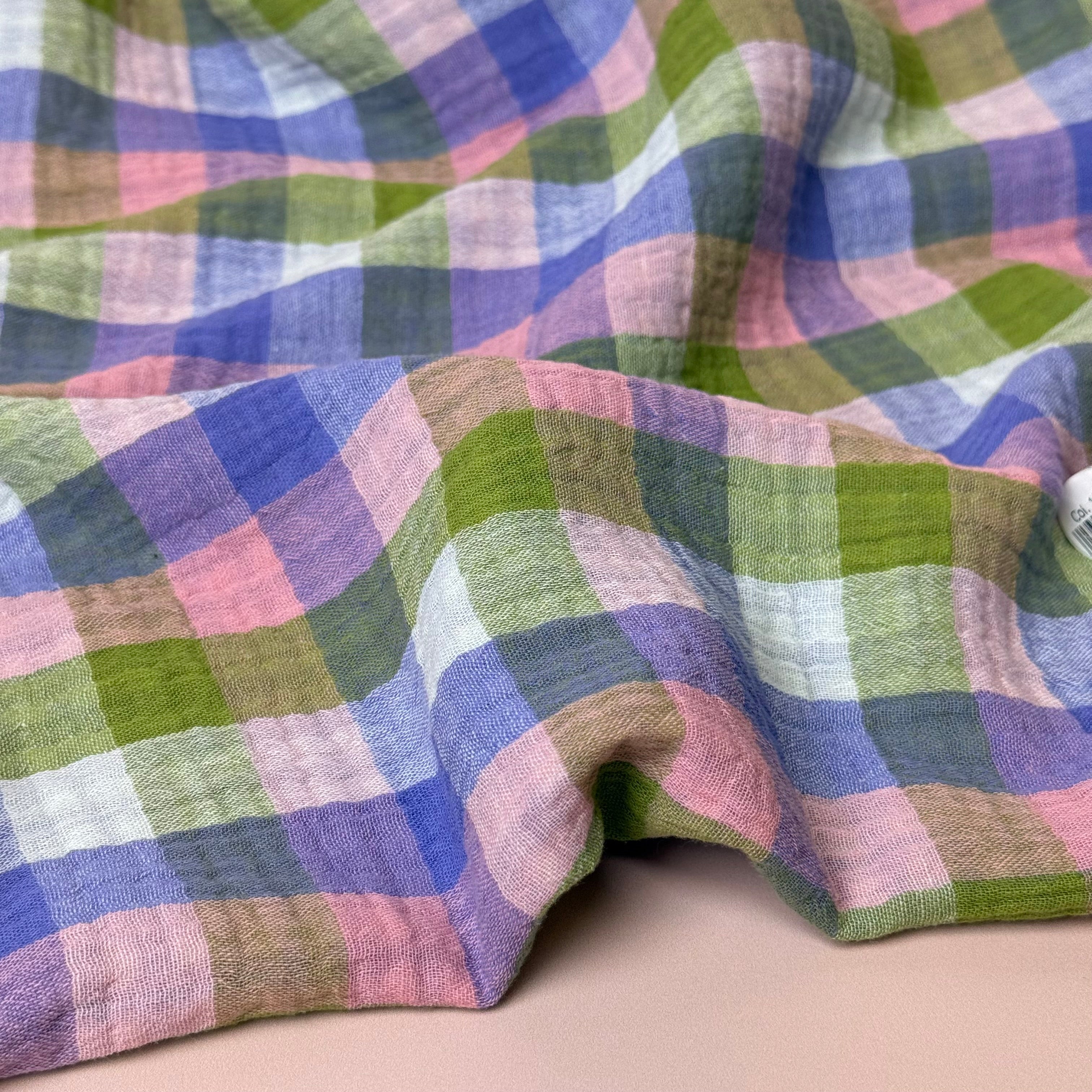 Reversible Lilac & Green Checked Cotton Double Gauze