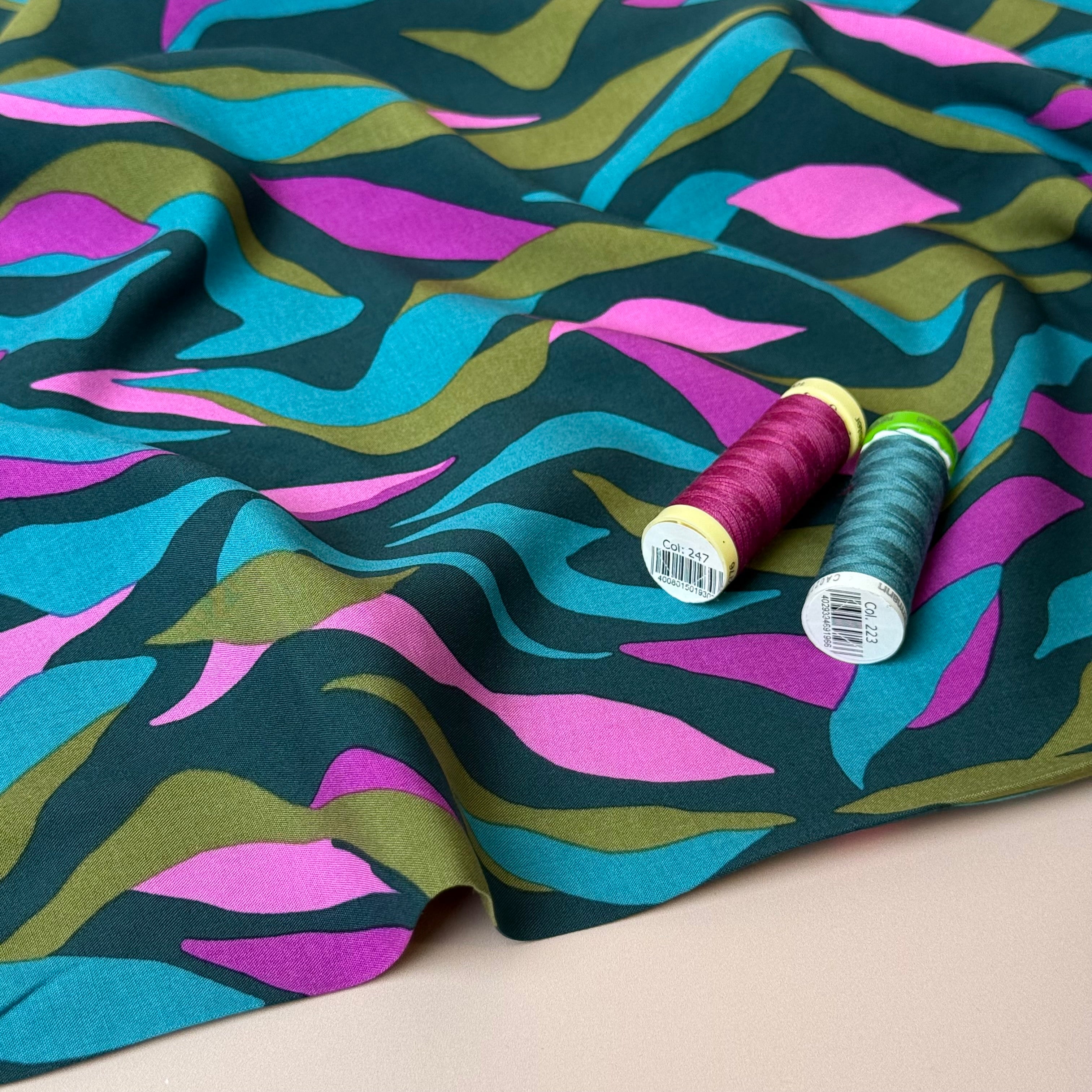 Abstract Waves Teal LENZING™ ECOVERO™ Viscose Fabric