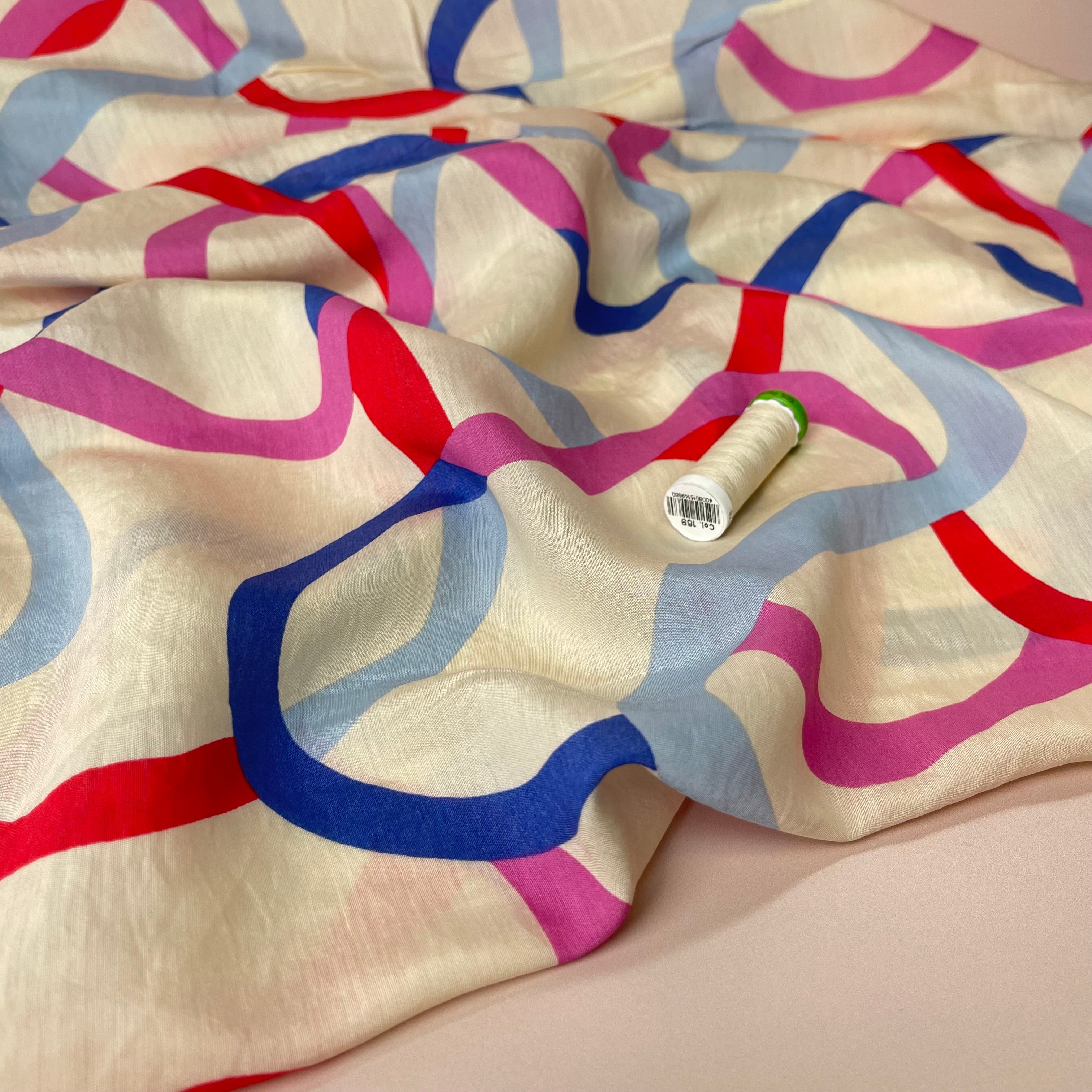 Blue and Pink Ribbons Viscose Blend Fabric