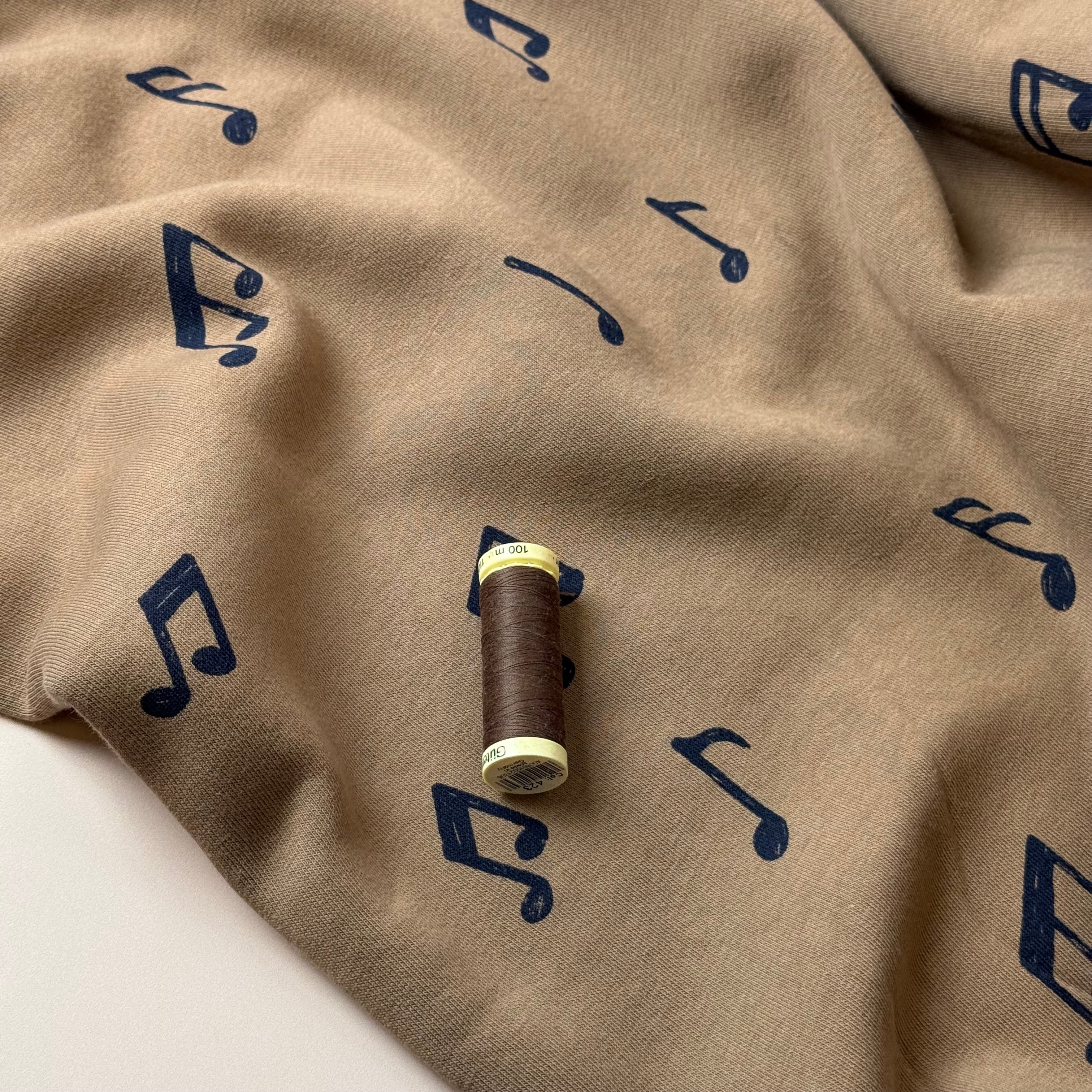 Music Notes in Camel Soft Cotton Jogging Sweat-shirting Fabric