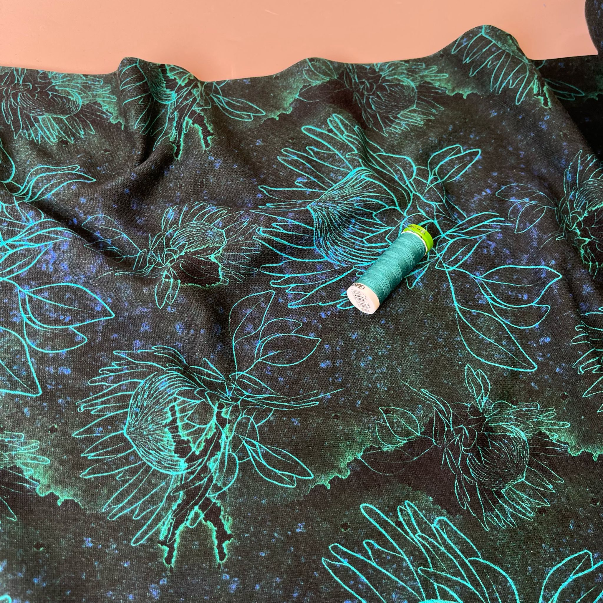 Turquoise Blooms on Black Pure Cotton French Terry