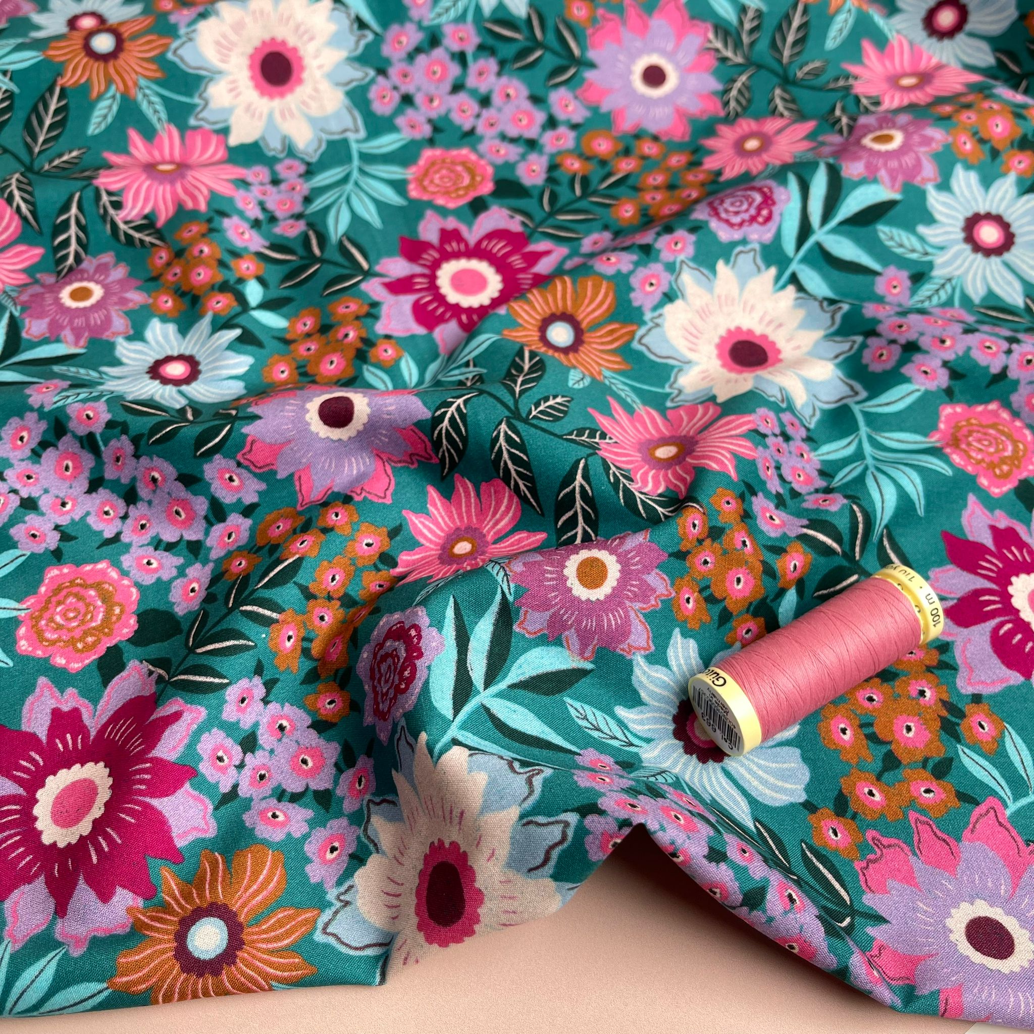 REMNANT 2.12 Metres - Flowers on Teal Cotton Poplin Fabric