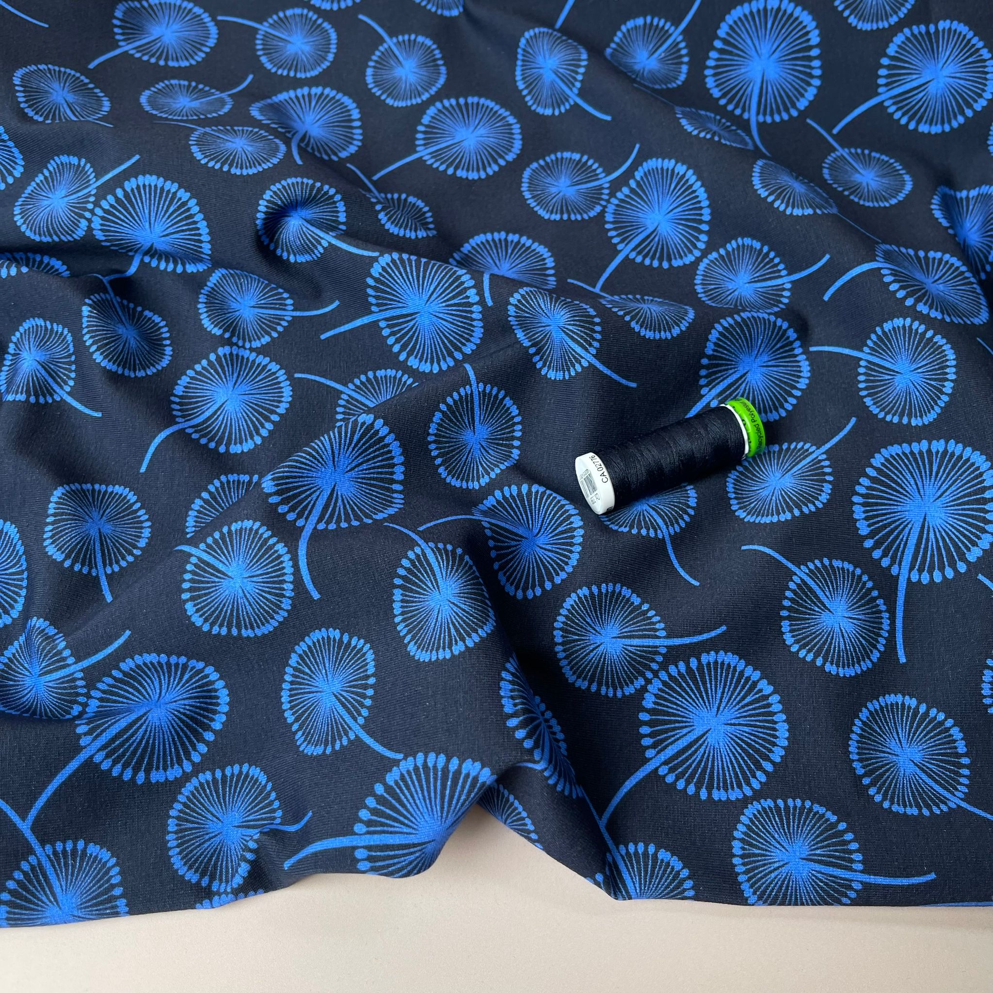 Danish Design - Cobalt Dandelions on Navy Cotton Jersey Fabric