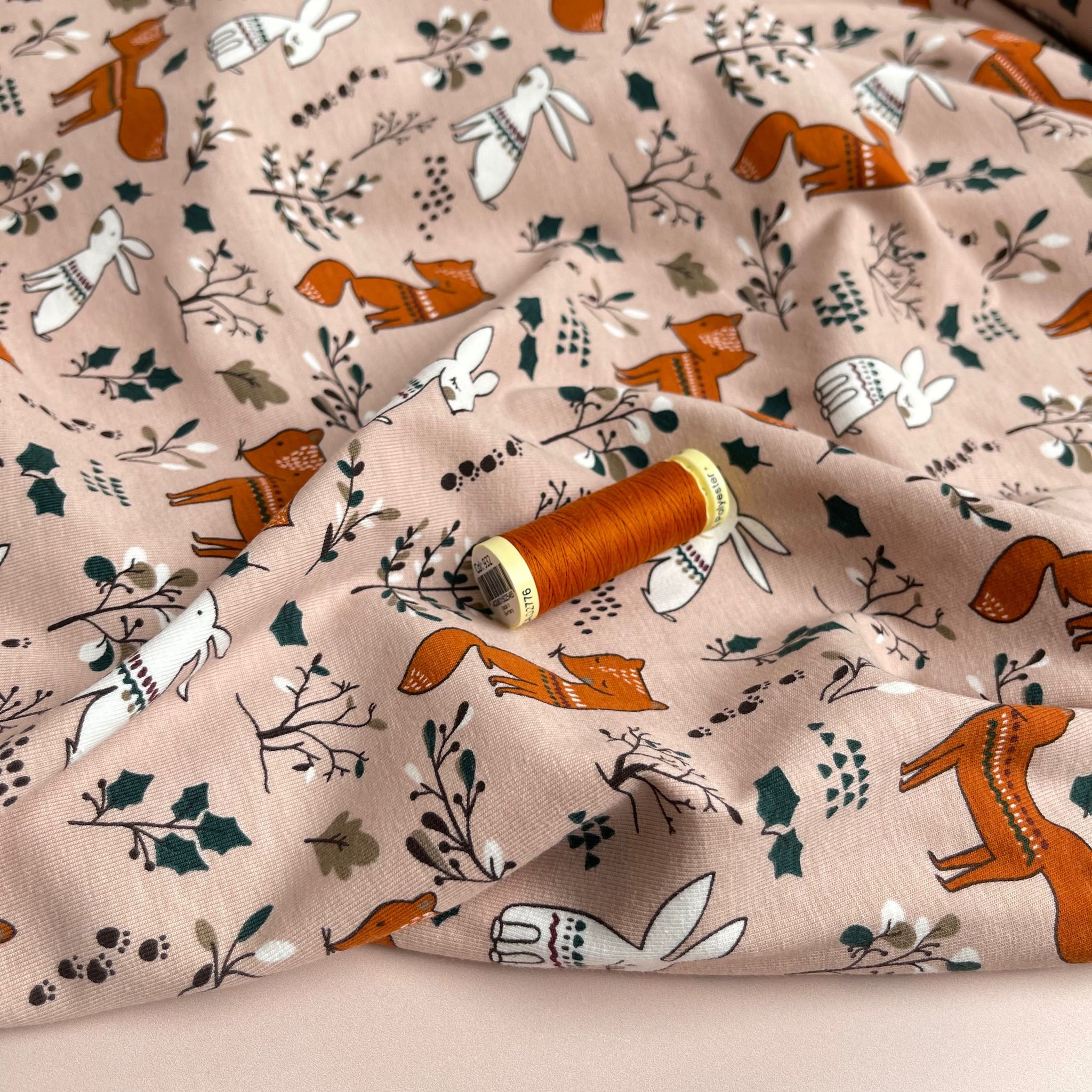 Foxes and Rabbits on Pink Cotton Jersey Fabric