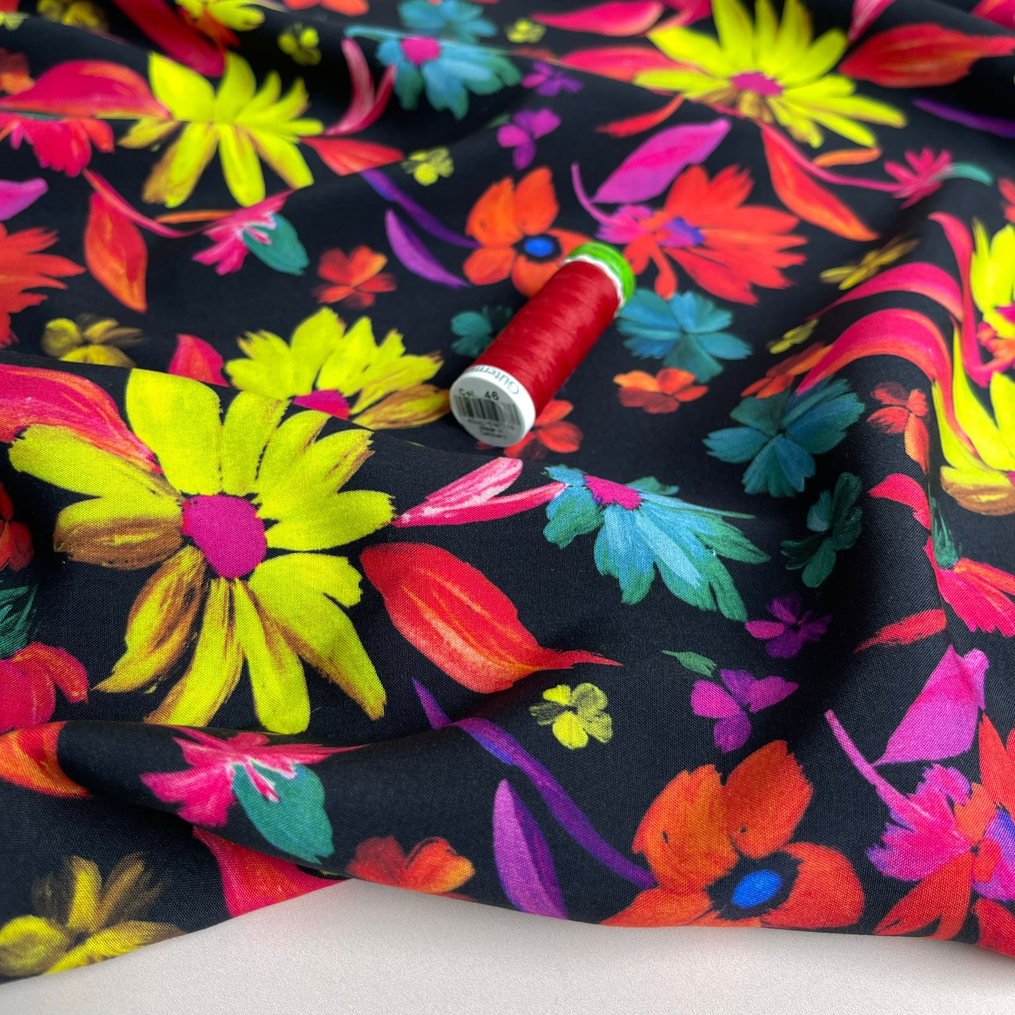 Dopamine Flowers on Black Viscose Fabric