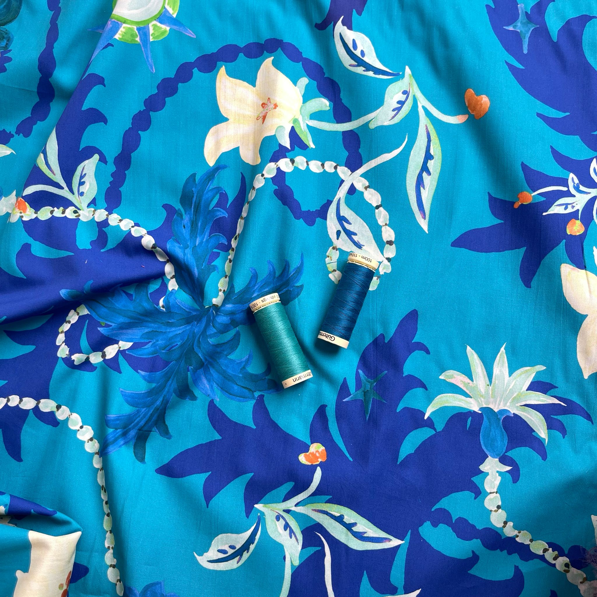 Ex-Designer Deadstock Tropical Turquoise Cotton Poplin Fabric