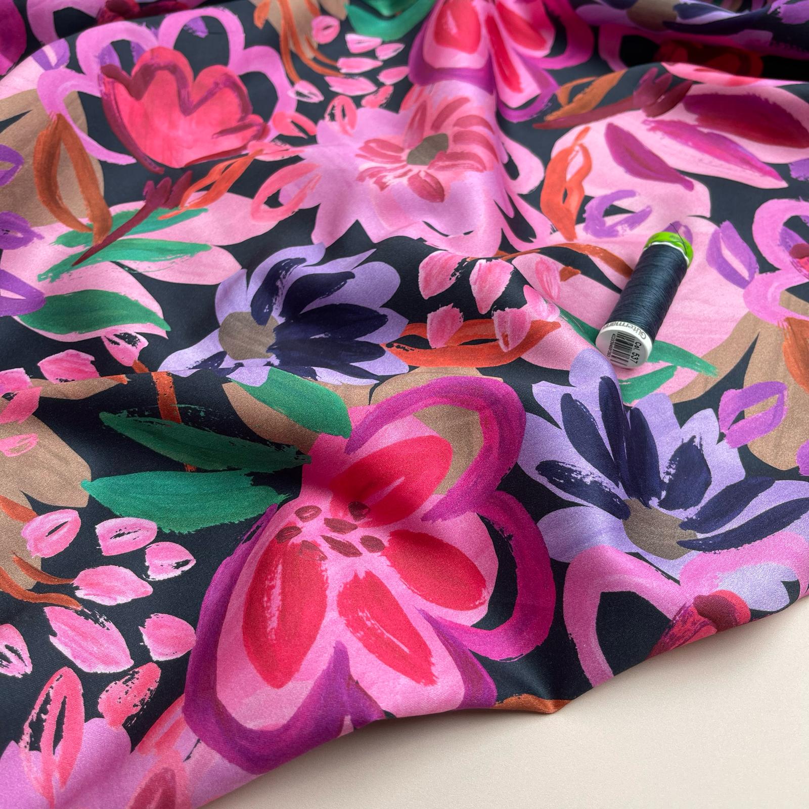 Painted Spring Garden on Dark Navy Cotton Sateen Fabric