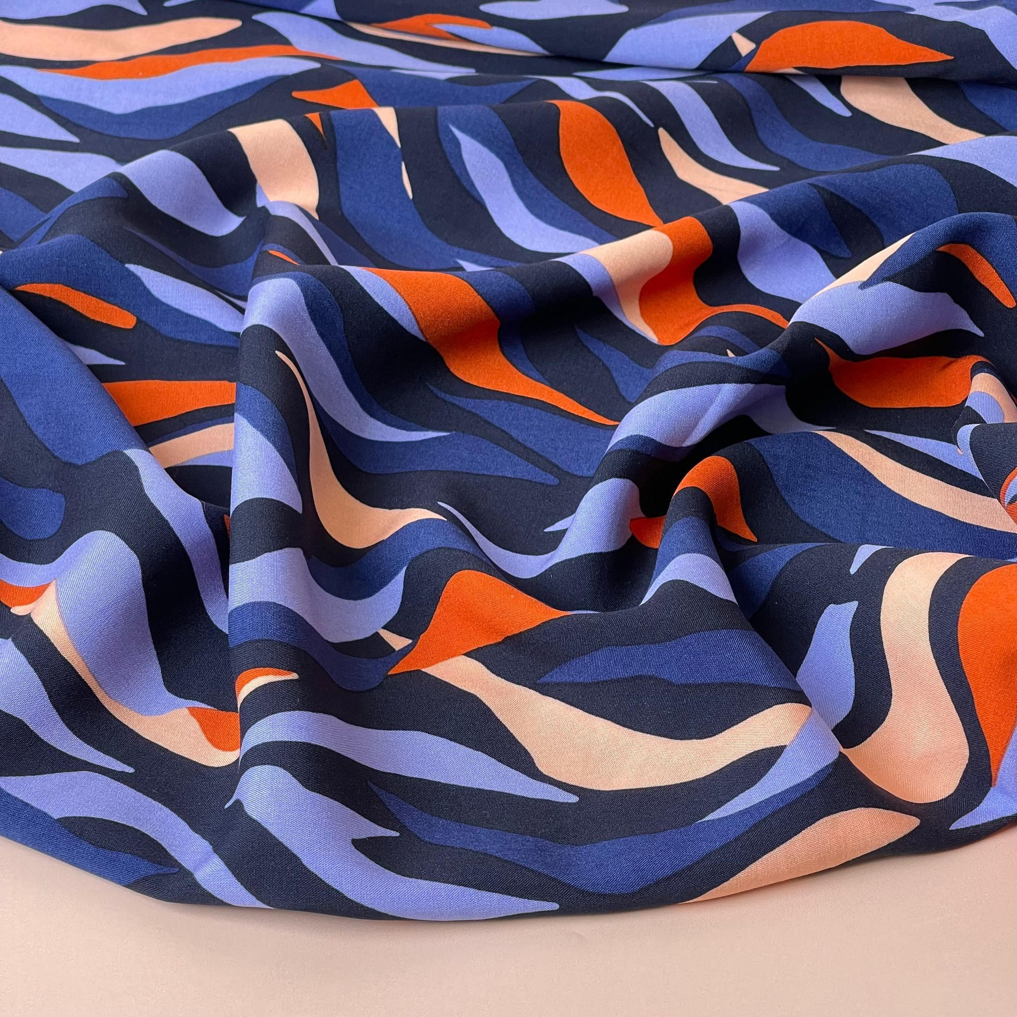 Abstract Waves Navy LENZING™ ECOVERO™ Viscose Fabric