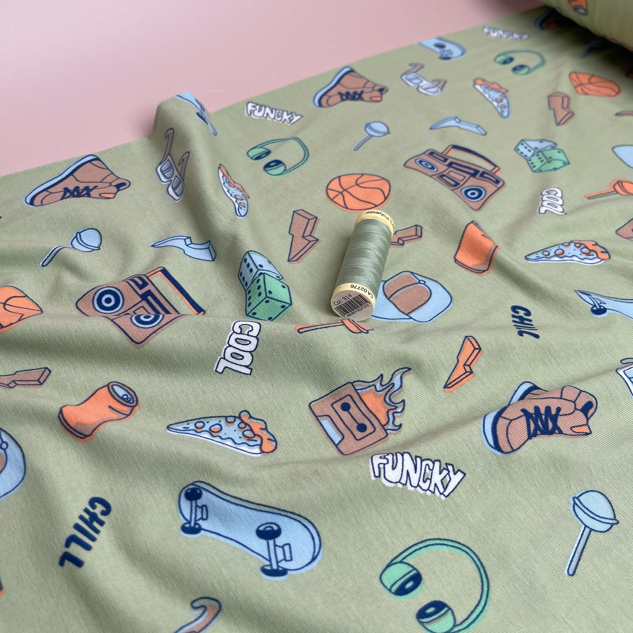Cool Vibes on Lime Green Cotton Jersey Fabric