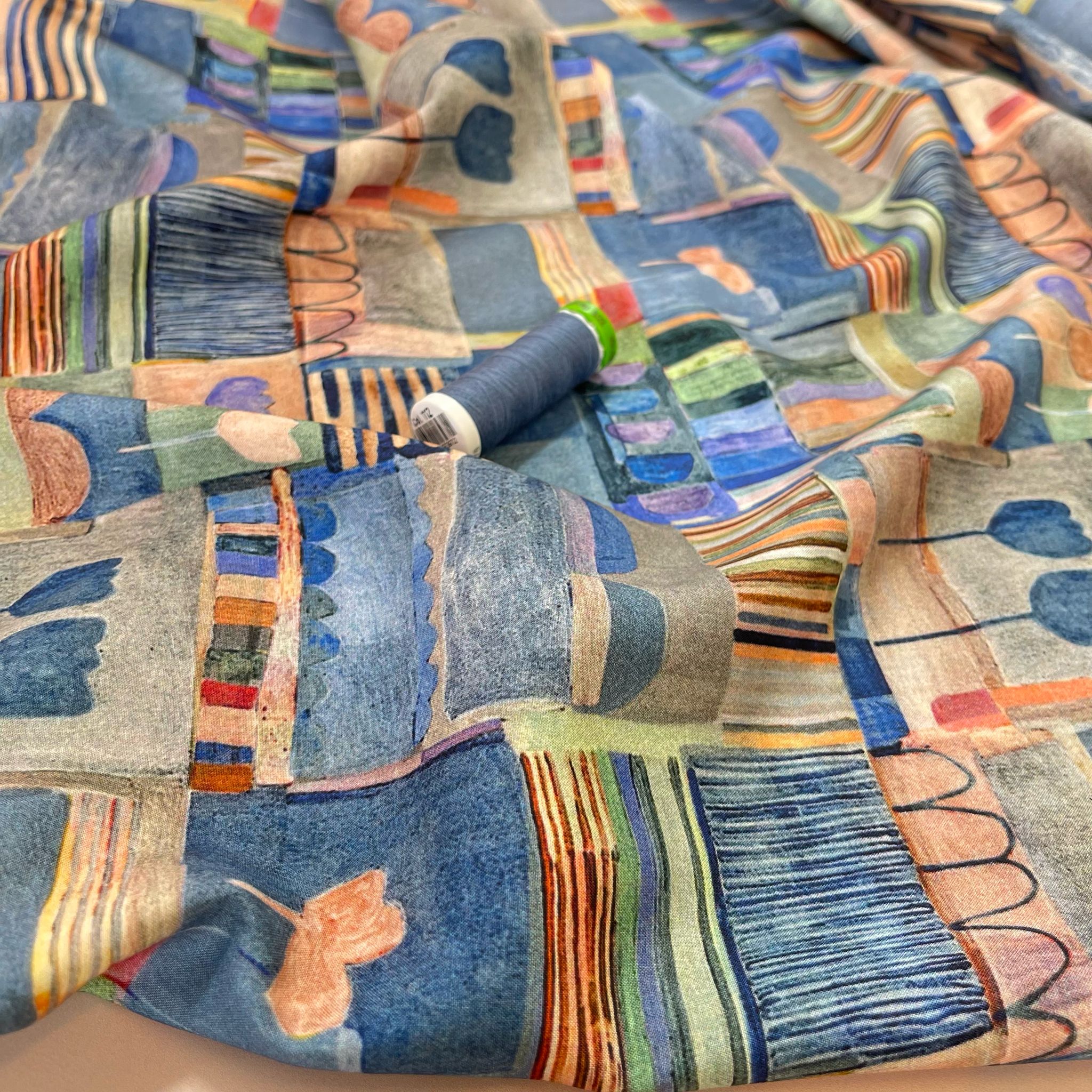 REMNANT 0.67 Metre - Patchwork Sketches Dusty Blue Viscose Fabric
