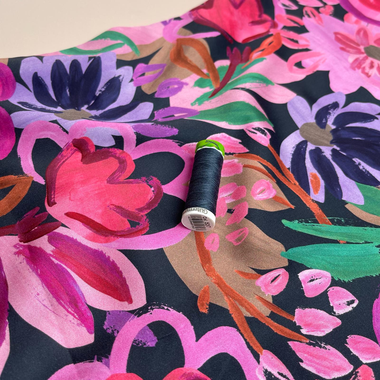 Painted Spring Garden on Dark Navy Cotton Sateen Fabric
