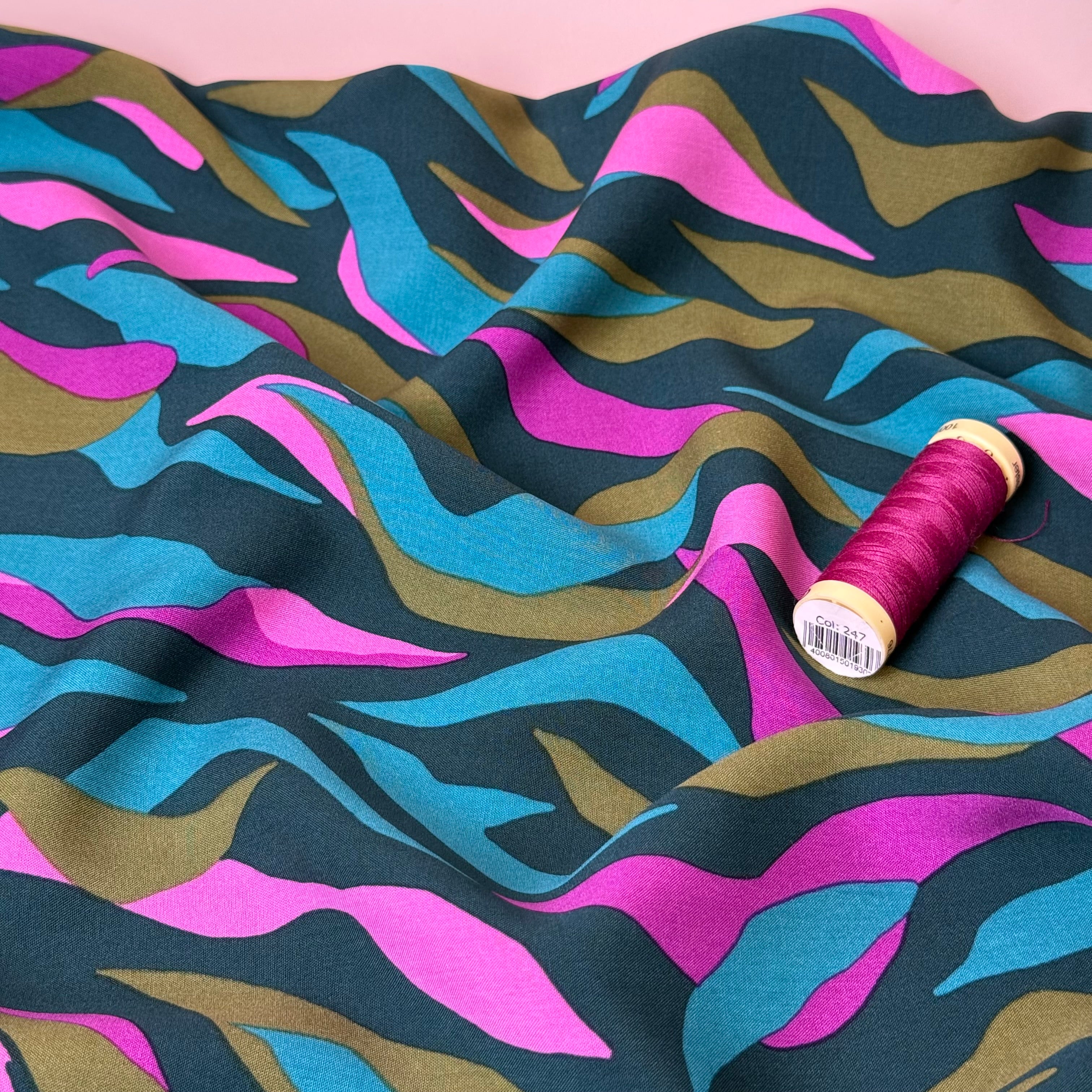 Abstract Waves Teal LENZING™ ECOVERO™ Viscose Fabric