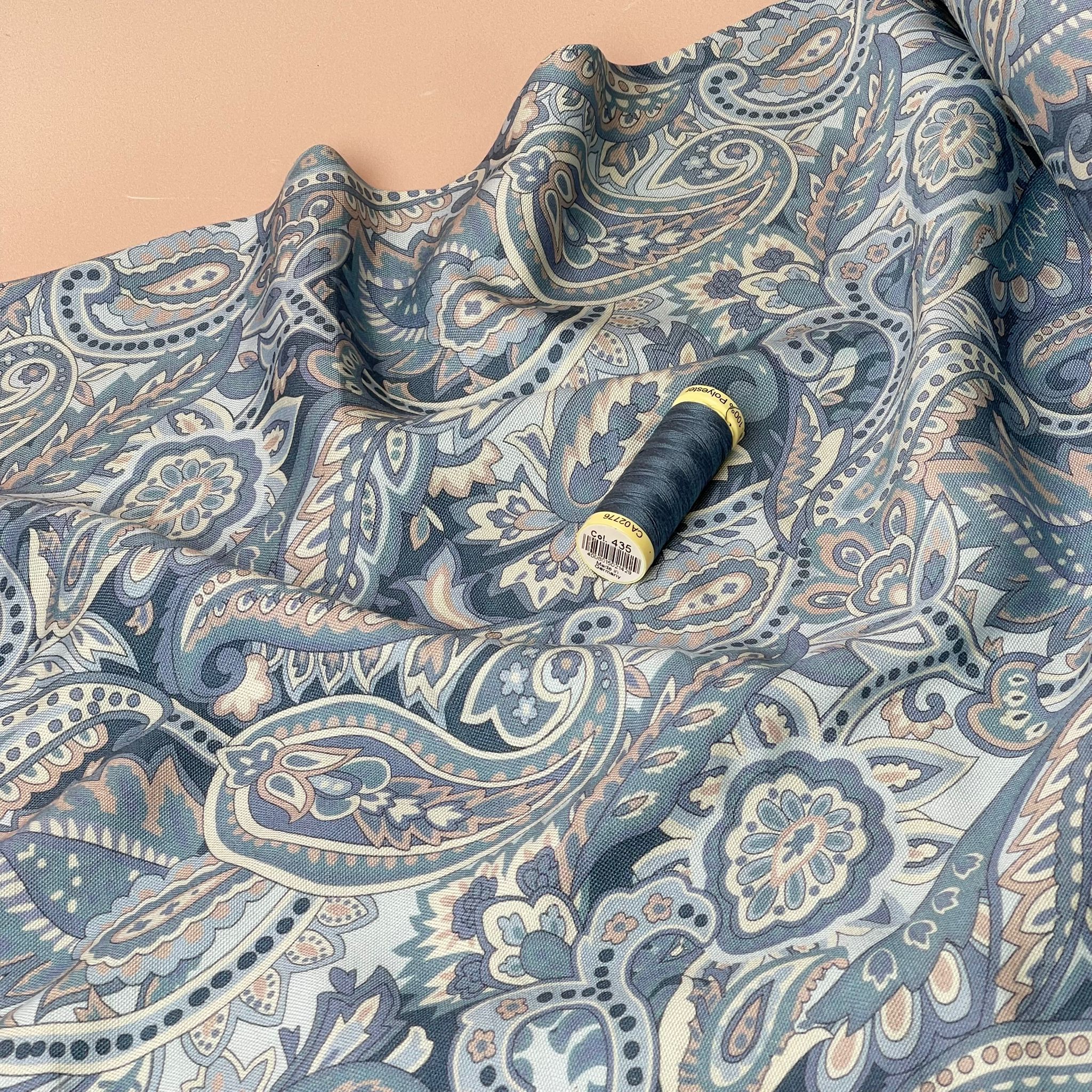 REMNANT 1.75 Metres - Denim Paisley Viscose Linen Fabric