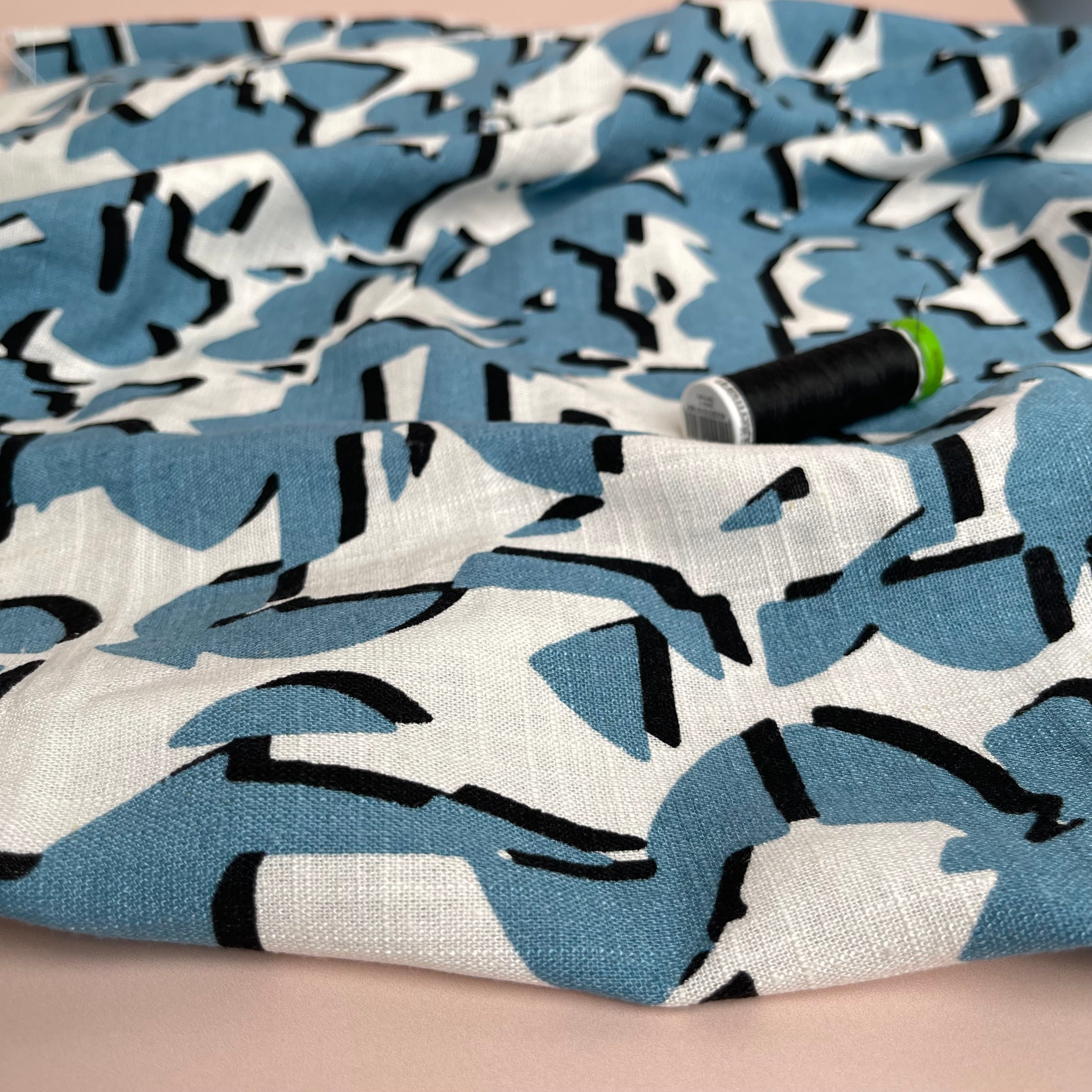 REMNANT 0.37 Metres (with faded patch) - Shapes Blue Linen Viscose Blend Fabric