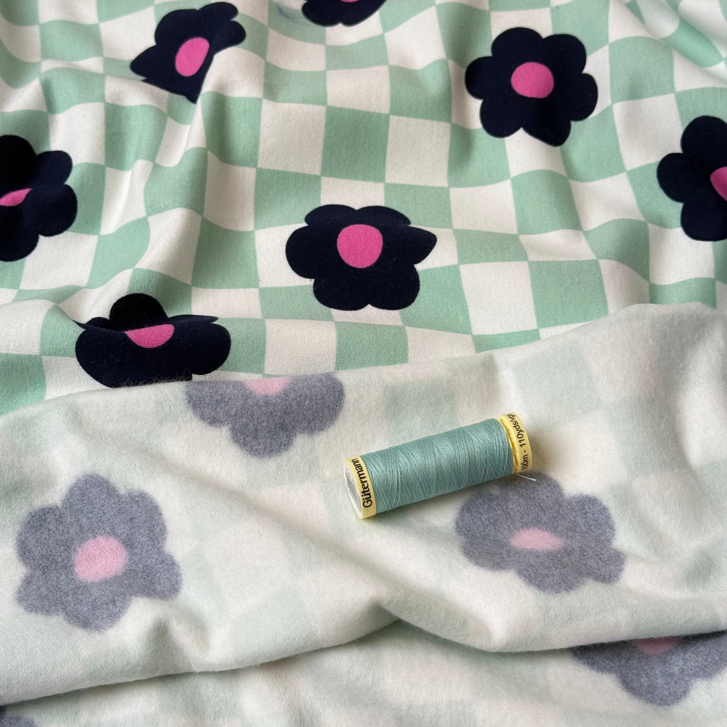 Gingham Flowers Mint Soft Cotton Sweat-shirting Fabric