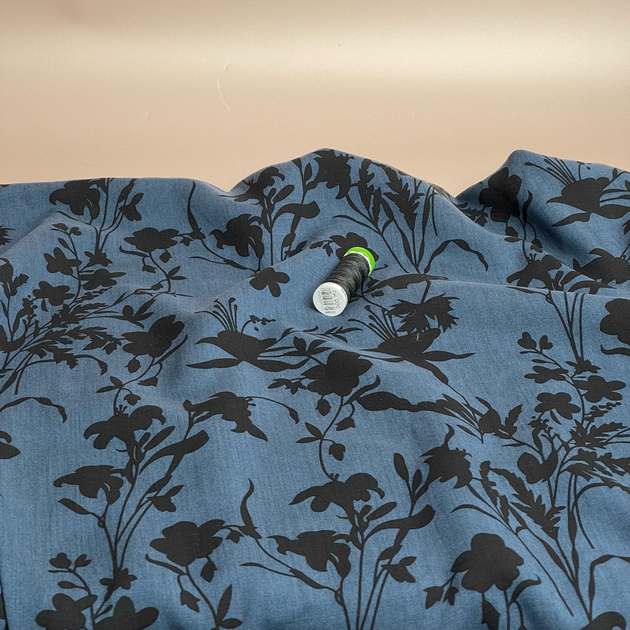 REMNANT 0.8 metres (some washable marks) Floral Shadows on Midnight Blue Viscose Fabric