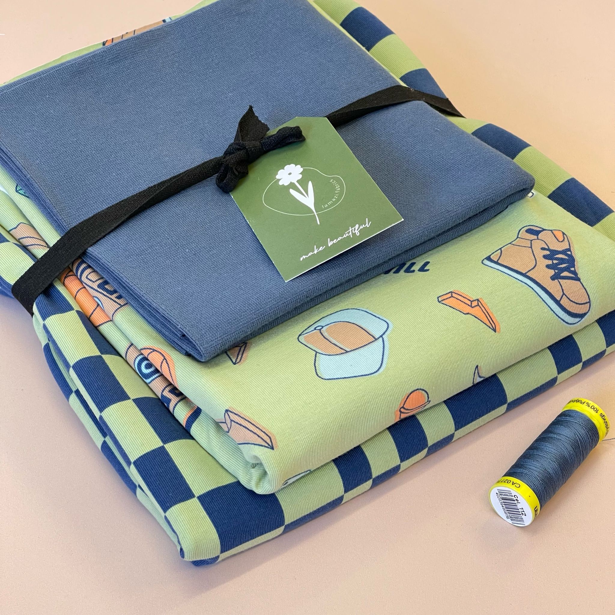 Checkers in Blue and Lime Green Cotton Jersey Fabric