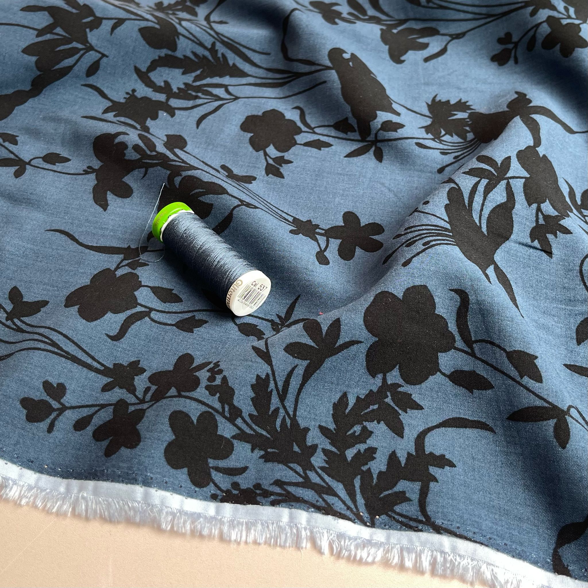 REMNANT 0.8 metres (some washable marks) Floral Shadows on Midnight Blue Viscose Fabric