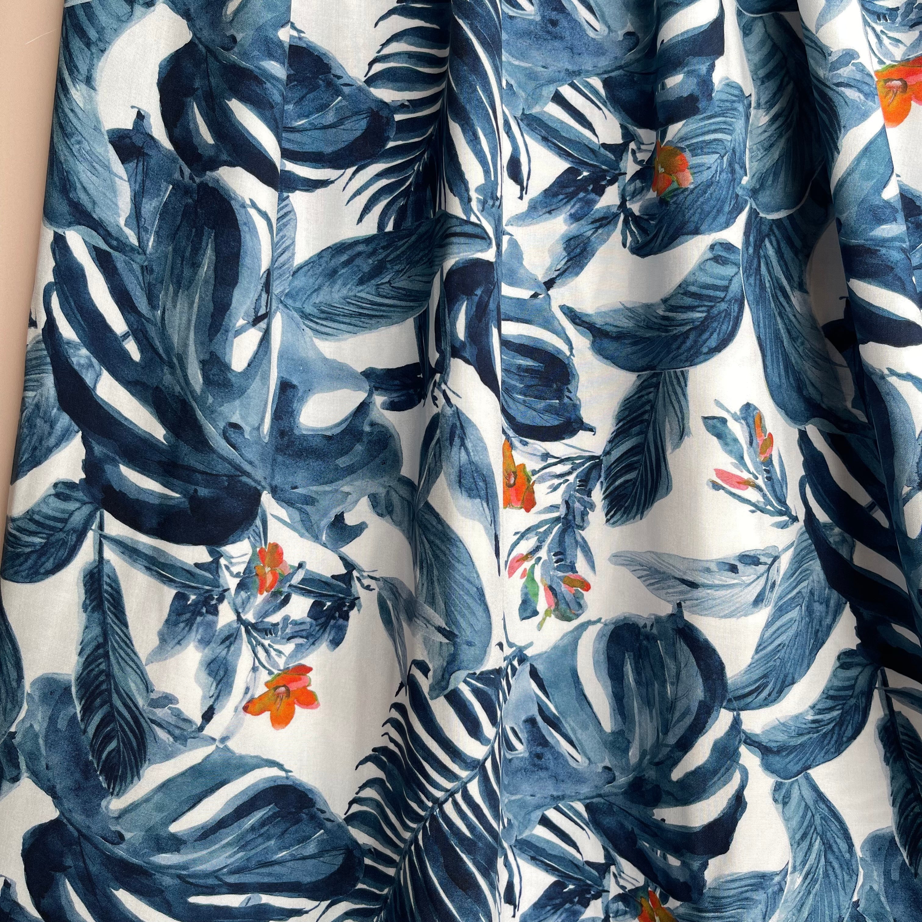 REMNANT 0.61 Metre - Tropical Plants Blue Viscose Fabric