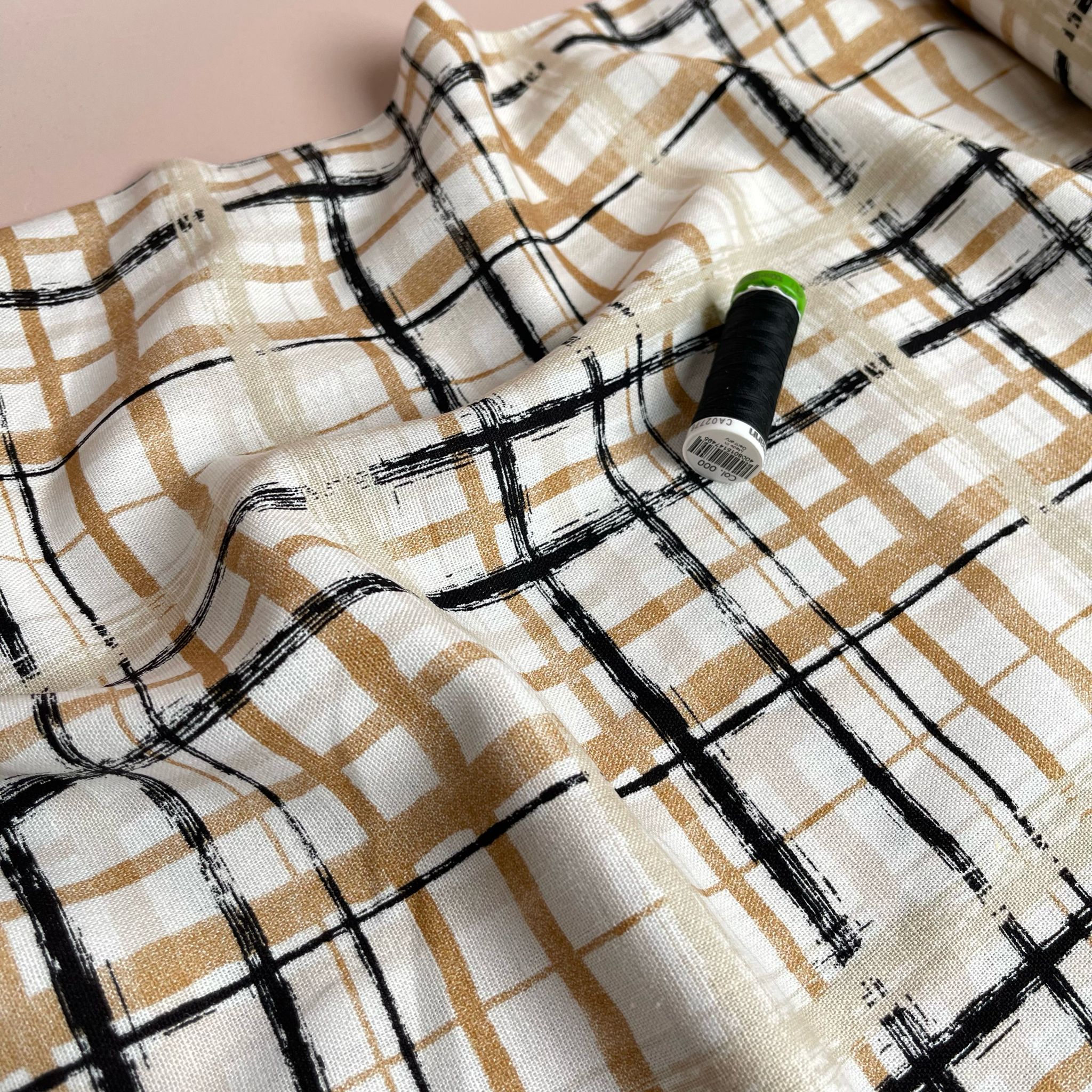 Hand painted Check in Beige Linen Viscose Blend Fabric