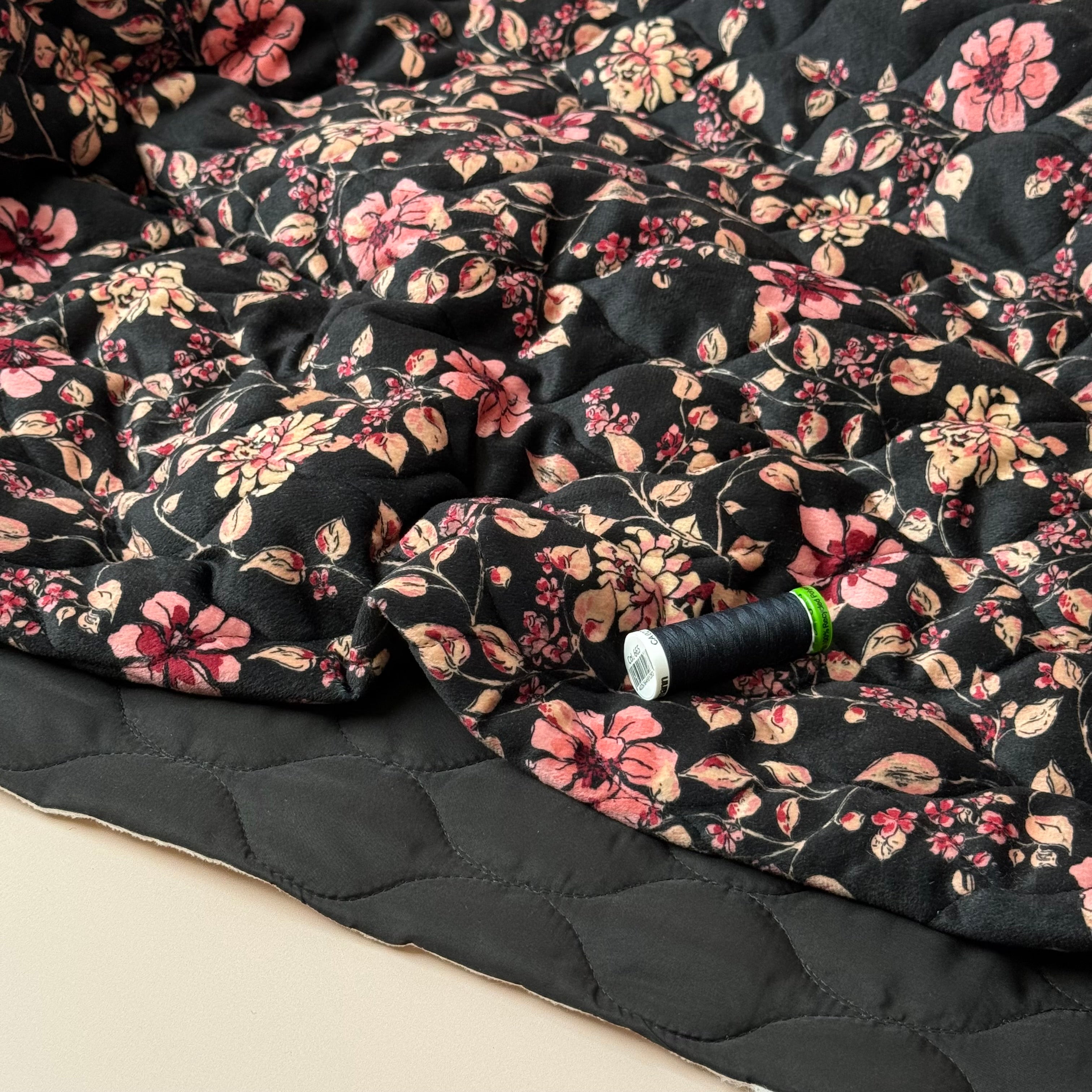 Autumn Flowers on Black Quilted Velvet Fabric
