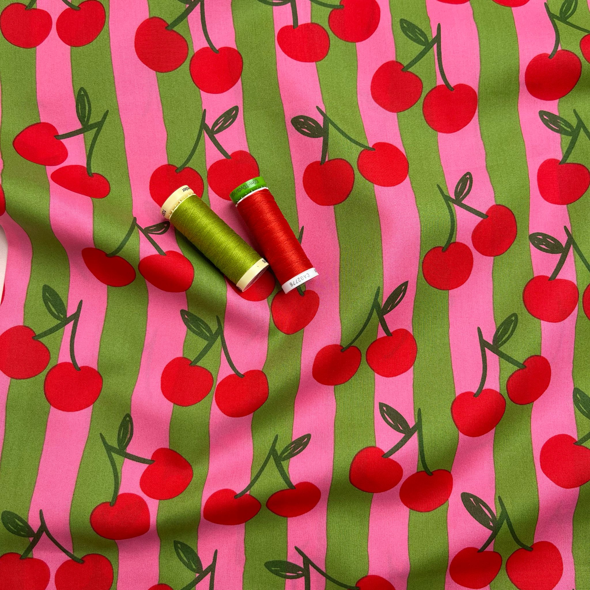Funky Cherry Stripes on Pink Cotton Poplin Fabric